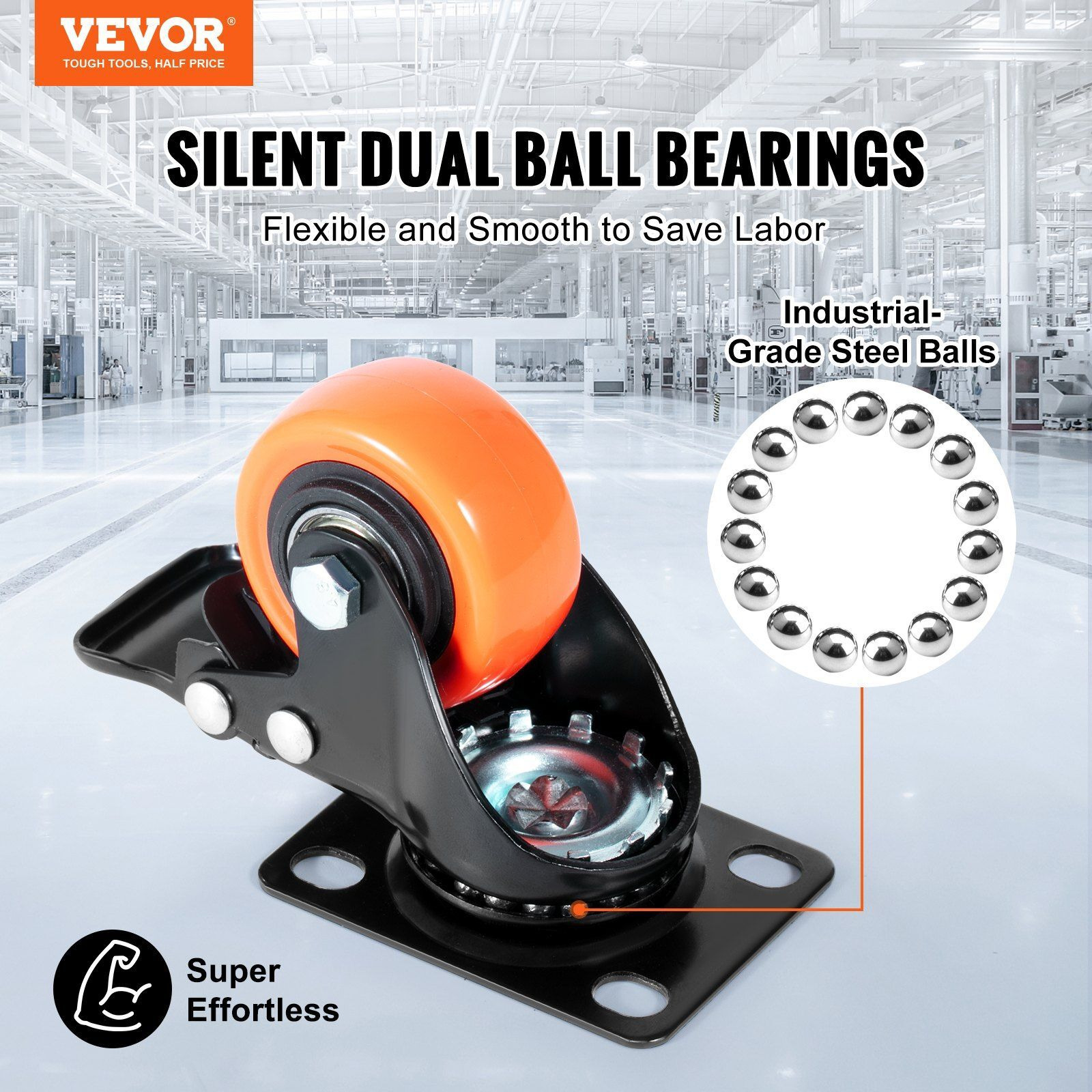 Vevor Caster Wheels  2-Inch Swivel Plate Casters  Set Of 4  With Security Dual Locking No Noise Pvc Wheels  Heavy Duty 150 Lbs Load Capacity Per Caster  Non-Marking Wheels For Cart Furniture Workbench