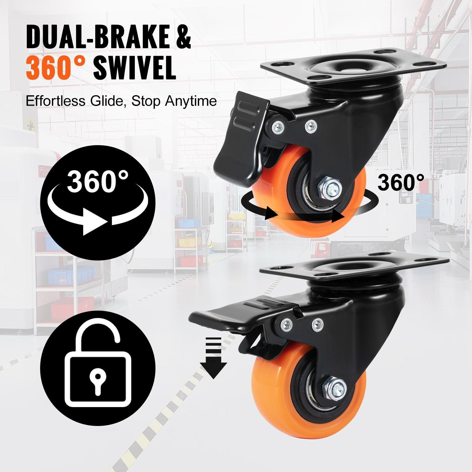 Vevor Caster Wheels  2-Inch Swivel Plate Casters  Set Of 4  With Security Dual Locking No Noise Pvc Wheels  Heavy Duty 150 Lbs Load Capacity Per Caster  Non-Marking Wheels For Cart Furniture Workbench