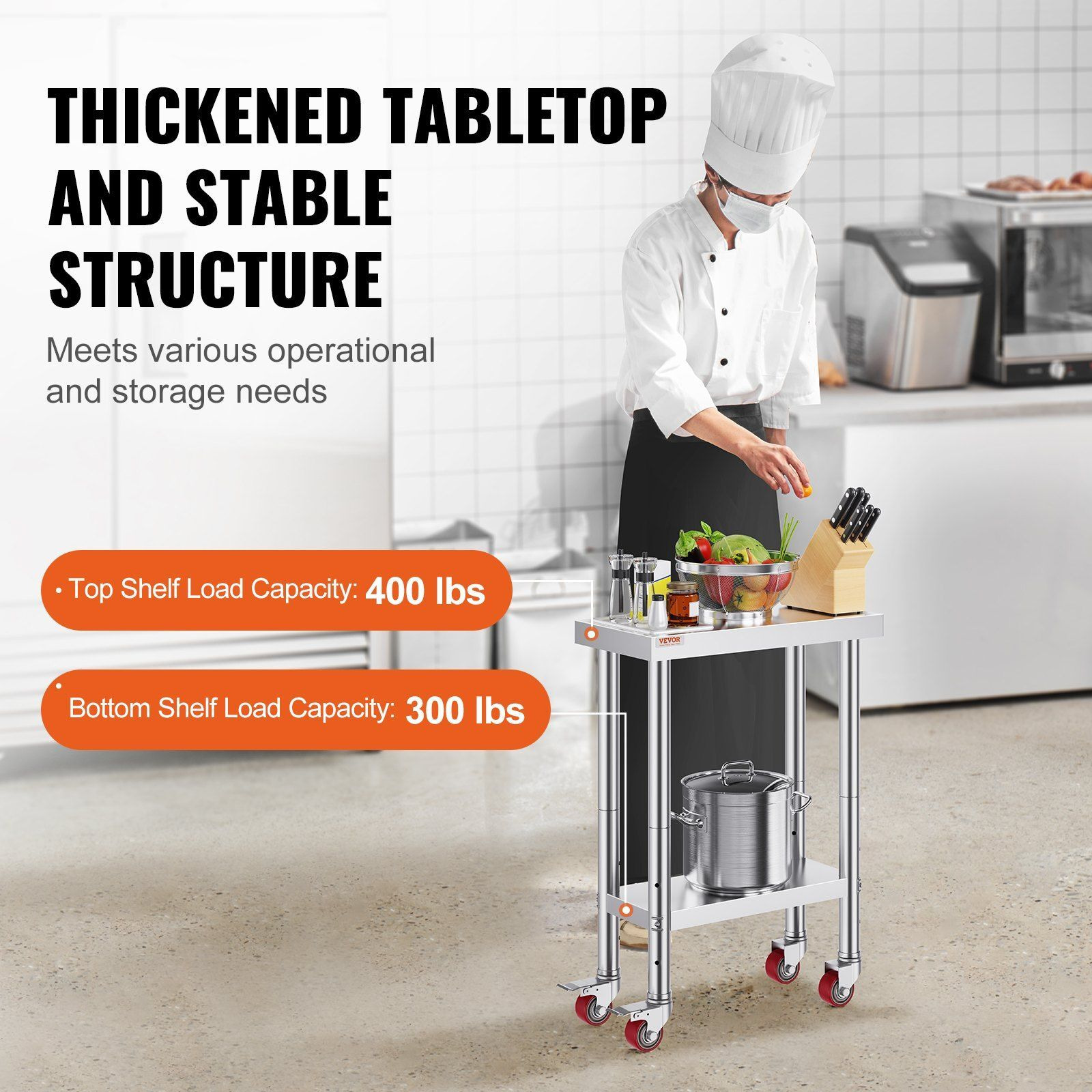 Vevor Stainless Steel Work Table With Wheels 24 X 12 X 32 Inch Prep Table With 4 Casters Heavy Duty Work Table For Commercial Kitchen Restaurant Business