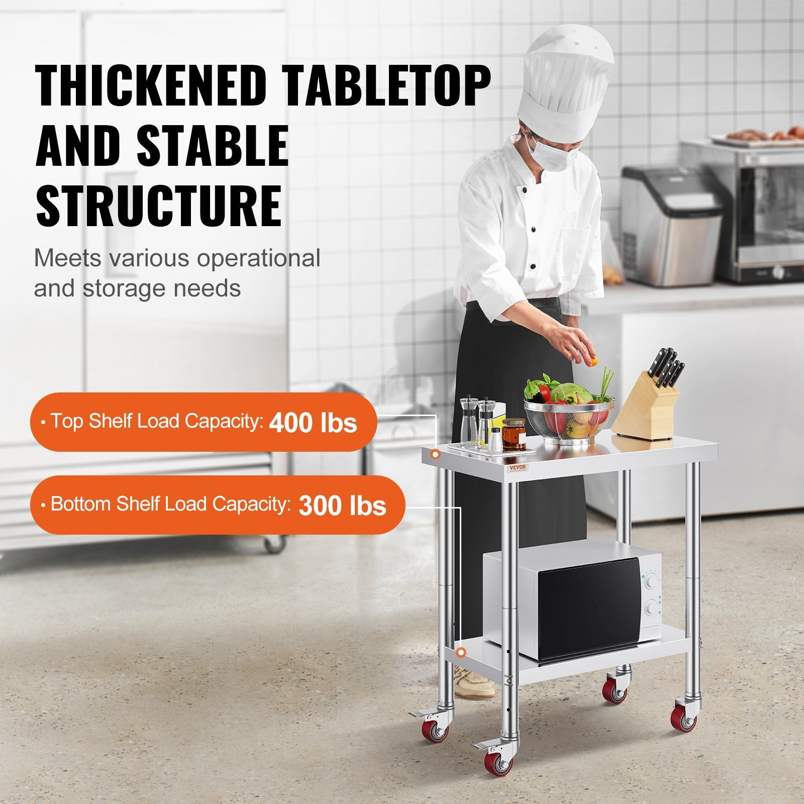 Vevor 30X18X34 Inch Stainless Steel Work Table 3-Stage Adjustable Shelf With 4 Wheels Heavy Duty Commercial Food Prep Worktable With Brake For Kitchen Prep Work