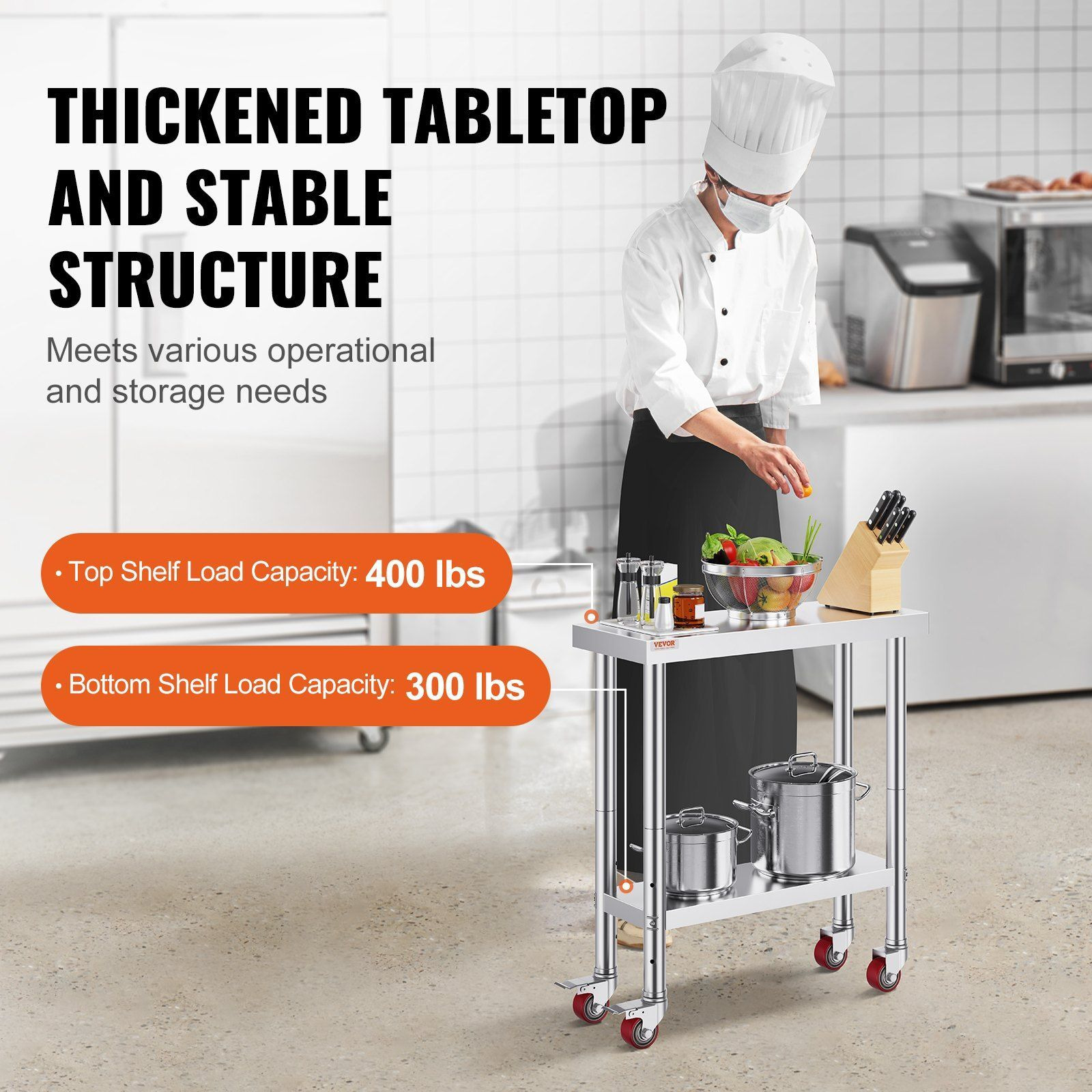 Vevor 30X12X34 Inch Stainless Steel Work Table 3-Stage Adjustable Shelf With 4 Wheels Heavy Duty Commercial Food Prep Worktable With Brake For Kitchen Prep Work