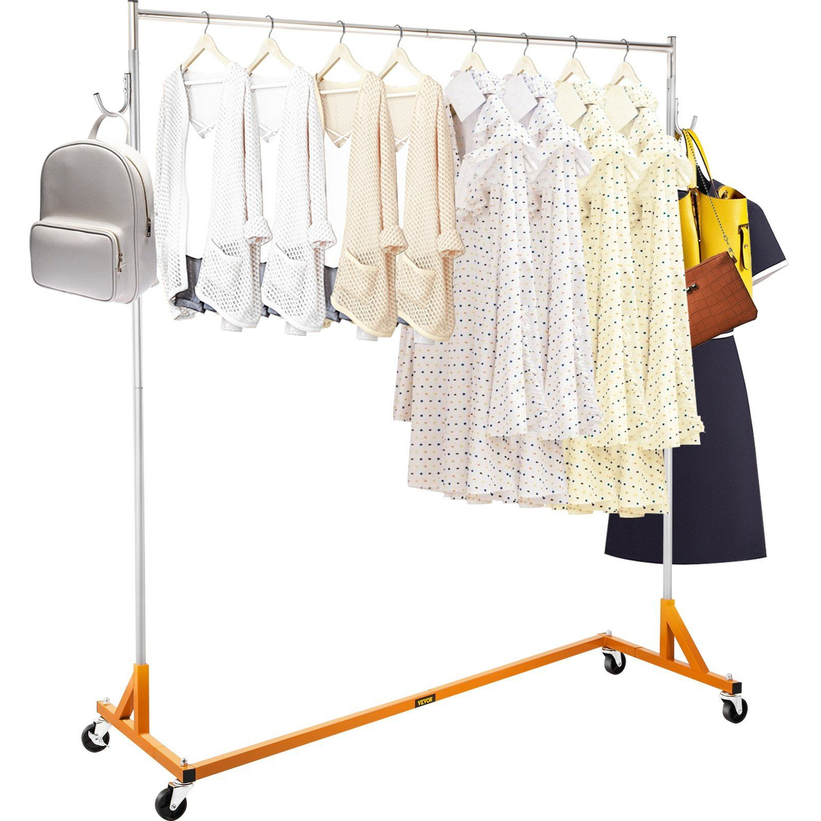 Vevor Z Rack  Industrial Grade Z Base Garment Rack  Height Adjustable Rolling Z Garment Rack  Sturdy Steel Z Base Clothing Rack W/ Lockable Casters For Home Garment Store Display Commercial Use Orange