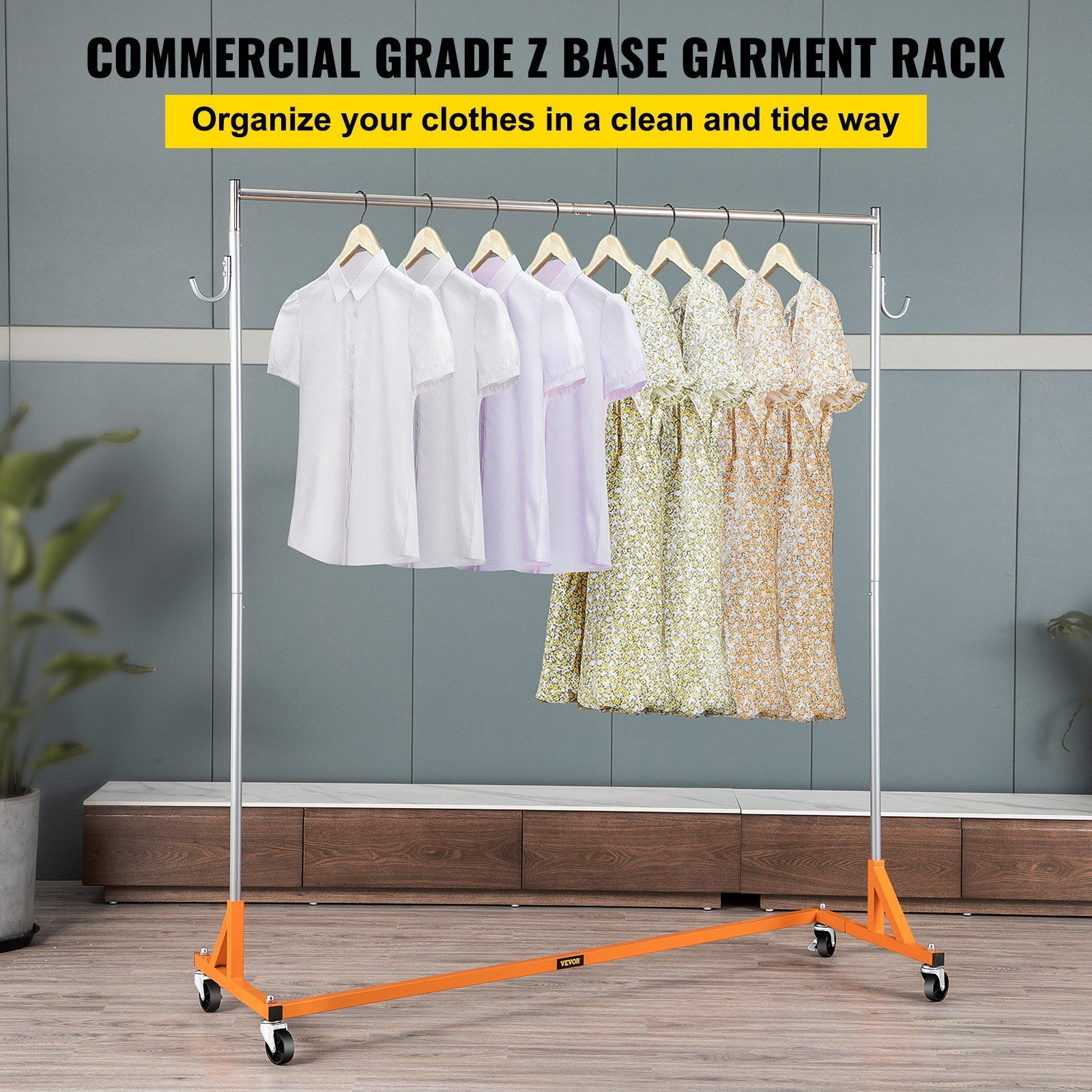 Vevor Z Rack  Industrial Grade Z Base Garment Rack  Height Adjustable Rolling Z Garment Rack  Sturdy Steel Z Base Clothing Rack W/ Lockable Casters For Home Garment Store Display Commercial Use Orange