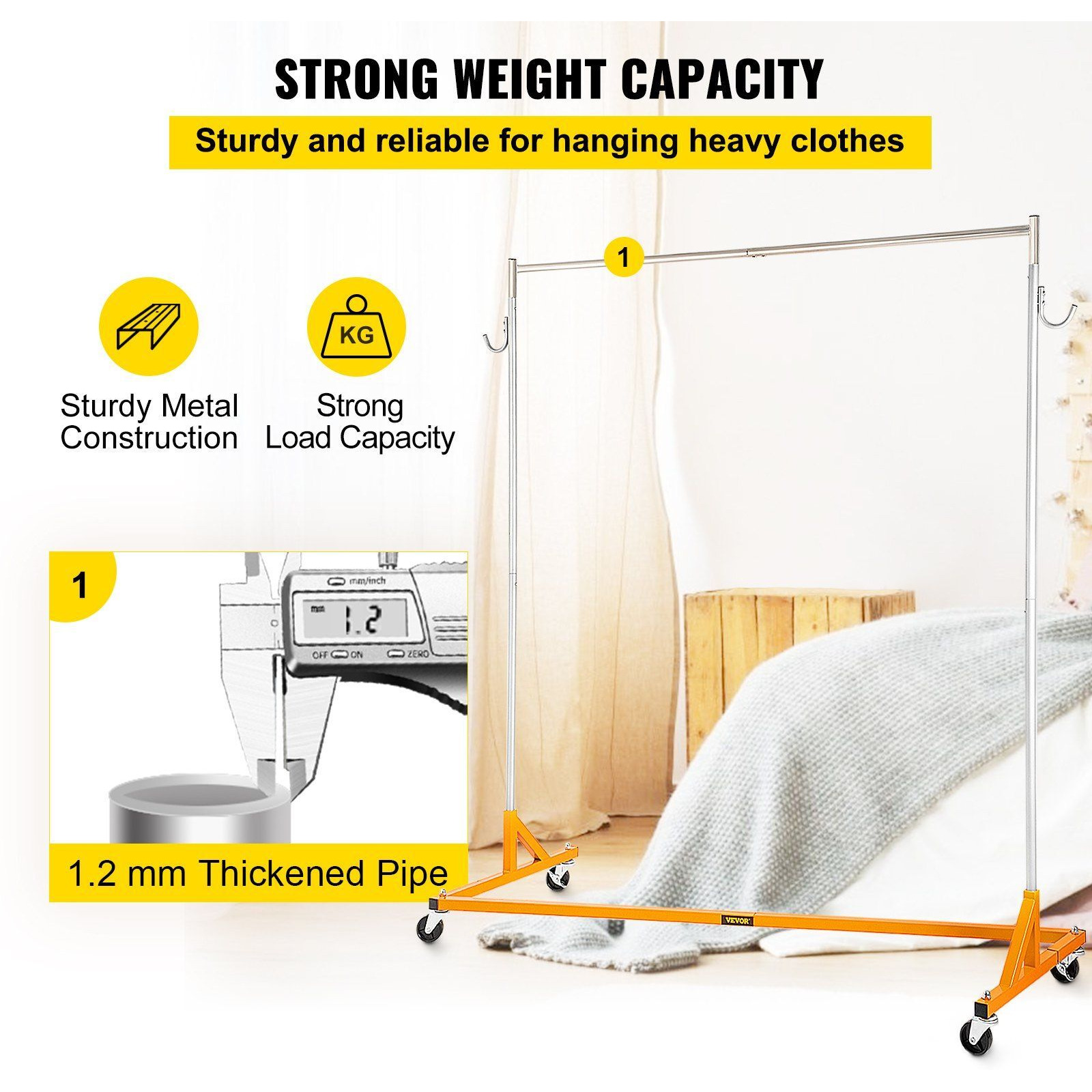 Vevor Z Rack  Industrial Grade Z Base Garment Rack  Height Adjustable Rolling Z Garment Rack  Sturdy Steel Z Base Clothing Rack W/ Lockable Casters For Home Garment Store Display Commercial Use Orange