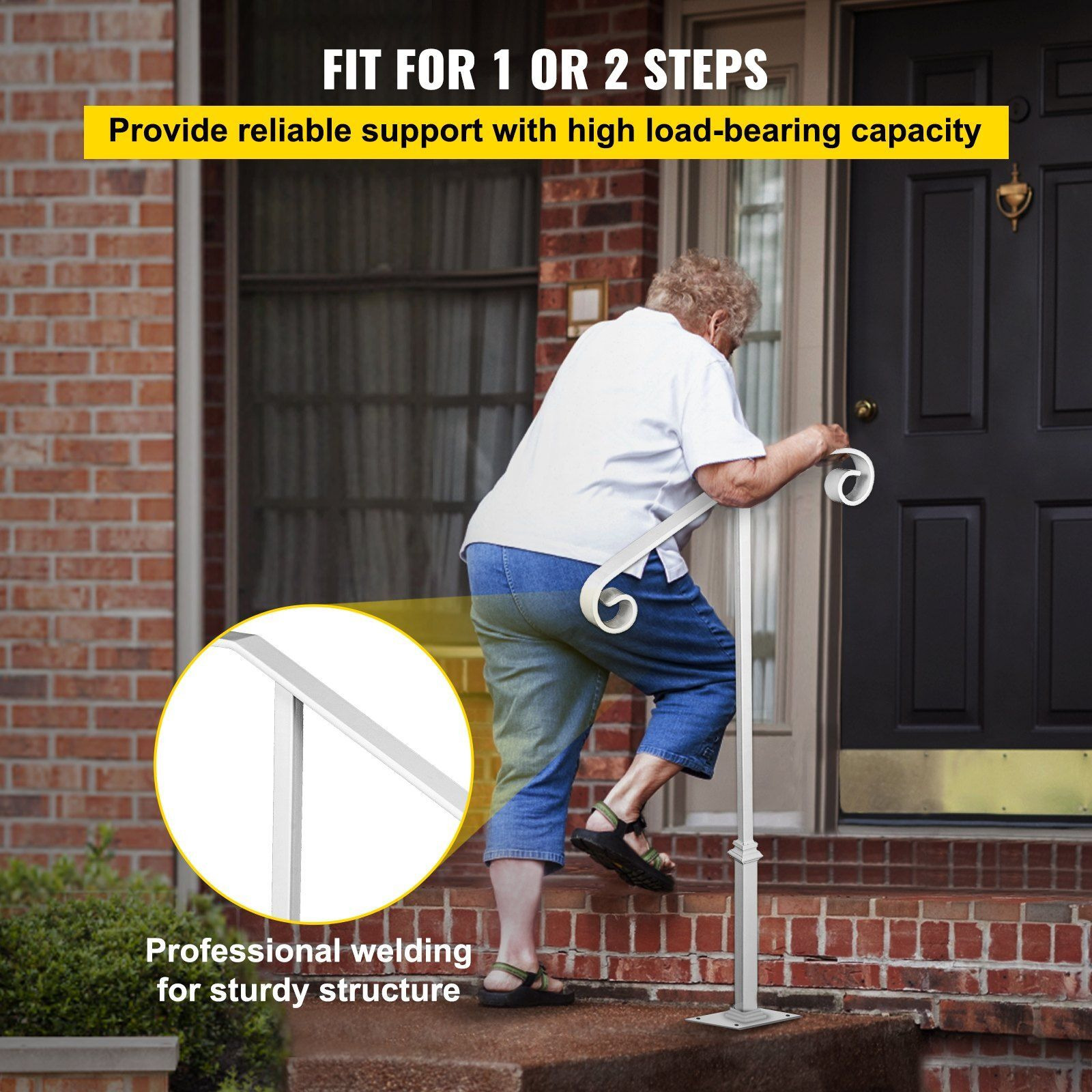 Vevor Single Post Handrail White Wrought Iron Post Mount Step Grab Supports Fits 1 Or 2 Steps Grab Rail Single Post Railing