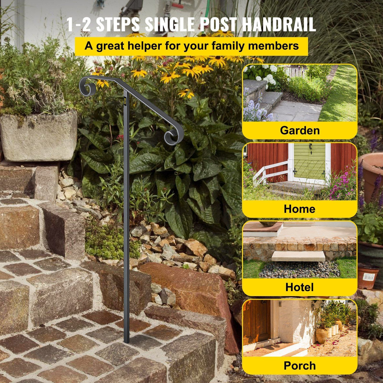 Vevor Single Post Handrail Wrought Iron Post Mount Step Grab Supports In Ground Long Post Fits 1 Or 2 Steps Grab Rail Single Post Railing (Gray)