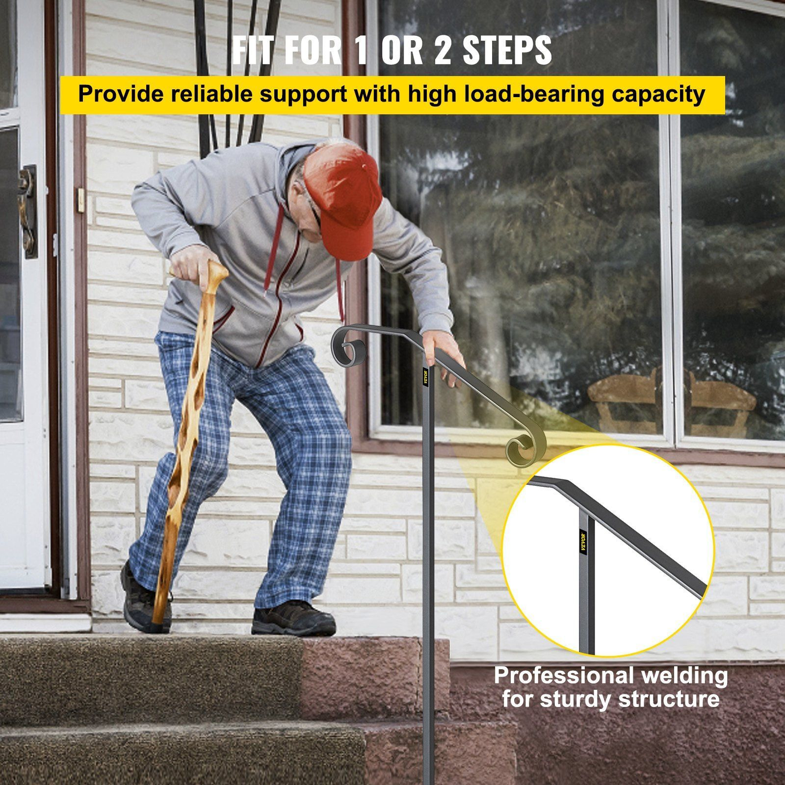 Vevor Single Post Handrail Wrought Iron Post Mount Step Grab Supports In Ground Long Post Fits 1 Or 2 Steps Grab Rail Single Post Railing (Gray)