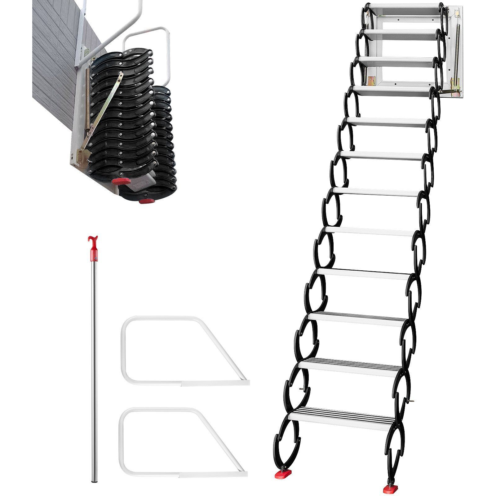 Vevor Attic Steps Pull Down 12 Steps Attic Stairs Alloy Attic Access Ladder  Black Pulldown Attic Stairs  Wall-Mounted Folding Stairs For Attic  Retractable Attic Ladder With Armrests  9.8 Feet Height