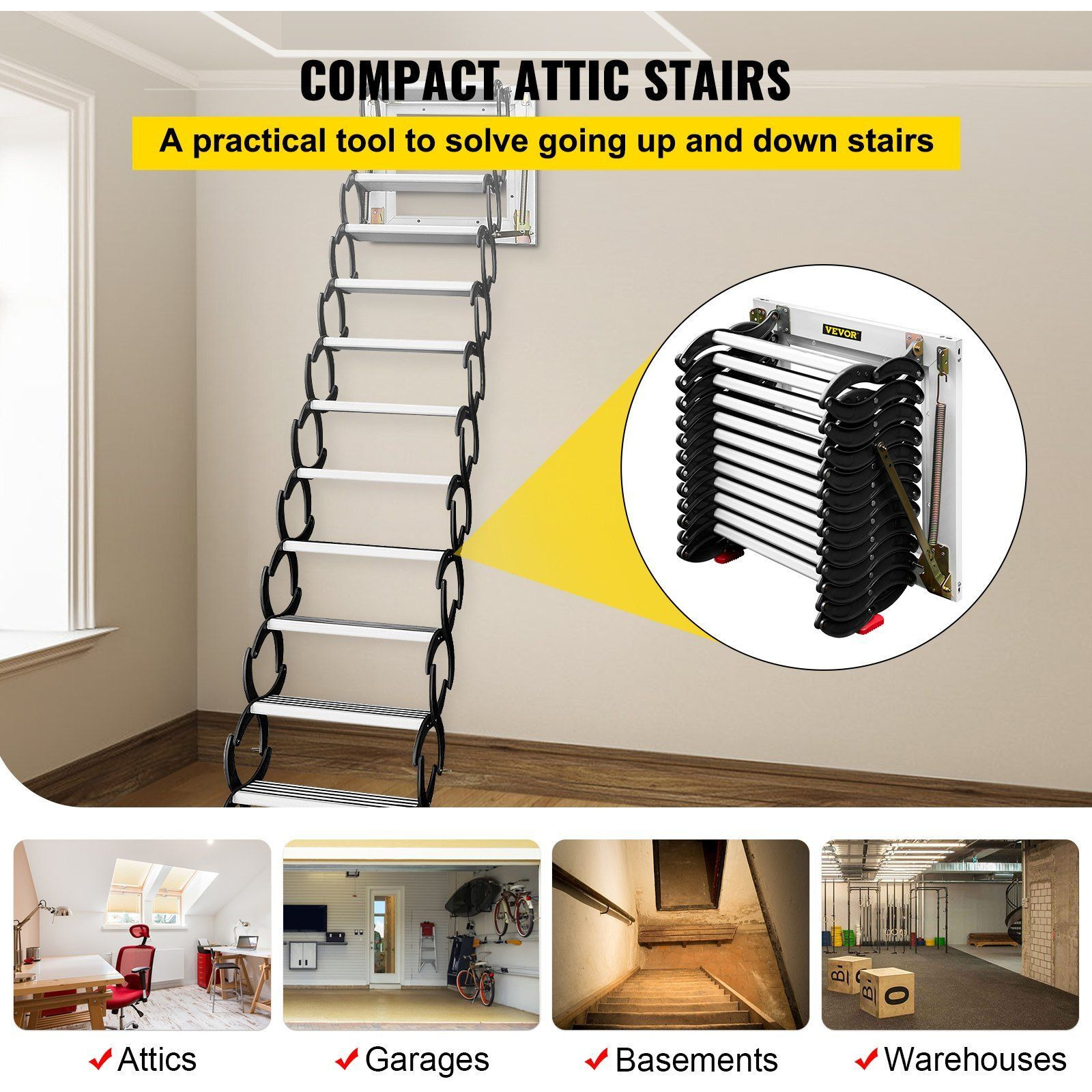 Vevor Attic Steps Pull Down 12 Steps Attic Stairs Alloy Attic Access Ladder  Black Pulldown Attic Stairs  Wall-Mounted Folding Stairs For Attic  Retractable Attic Ladder With Armrests  9.8 Feet Height