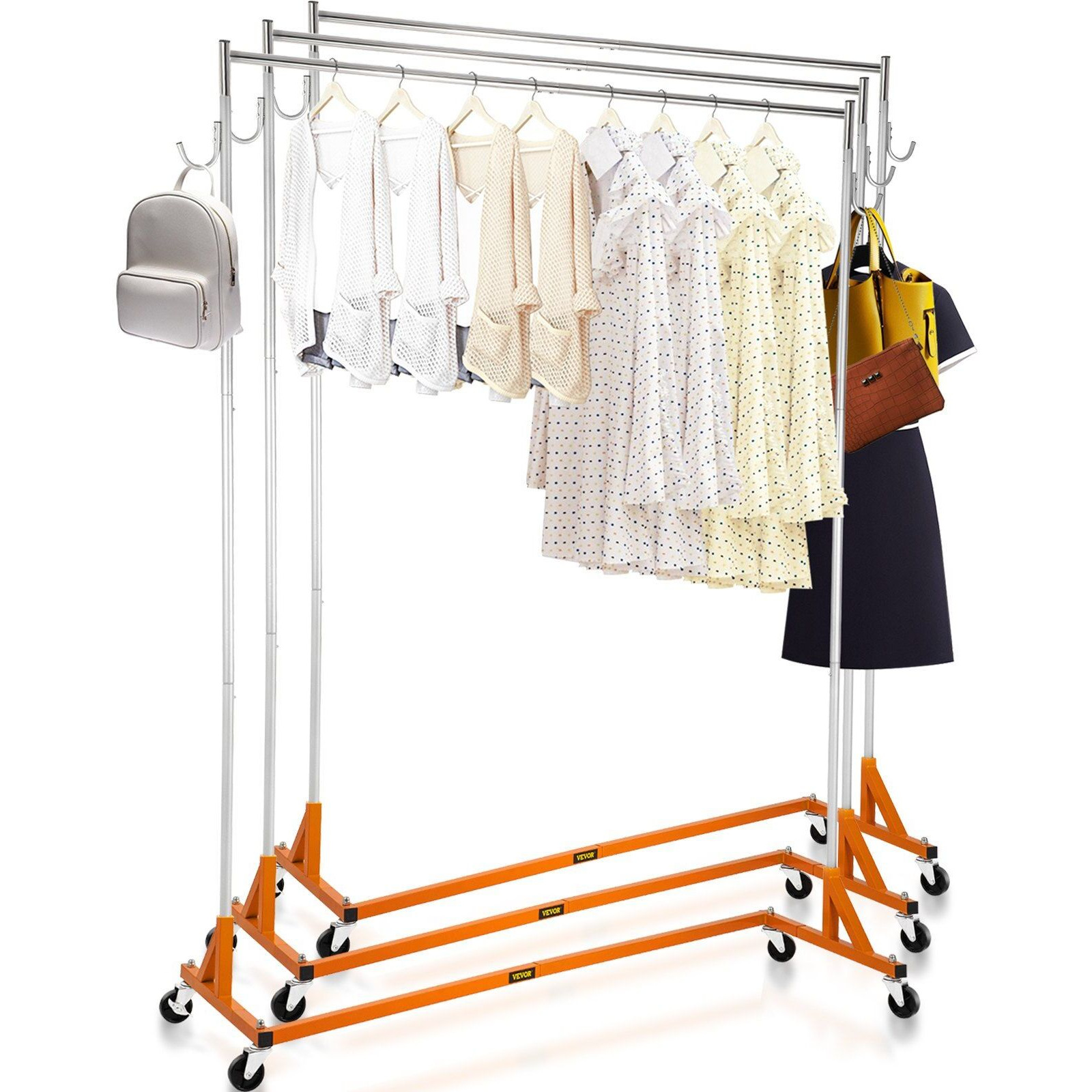 Vevor Z Rack  Industrial Grade Z Base Garment Rack  Height Adjustable Rolling Z Garment Rack  Sturdy Steel Z Base Clothing Rack W/Lockable Casters  For Home Clothing Store Display Orange (3 Sets)