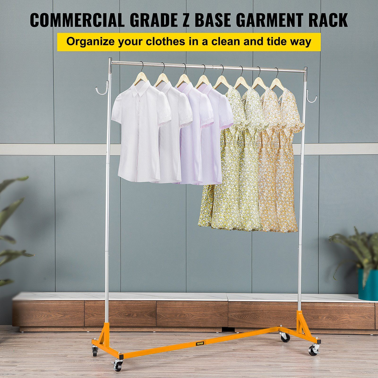 Vevor Z Rack  Industrial Grade Z Base Garment Rack  Height Adjustable Rolling Z Garment Rack  Sturdy Steel Z Base Clothing Rack W/Lockable Casters  For Home Clothing Store Display Orange (3 Sets)