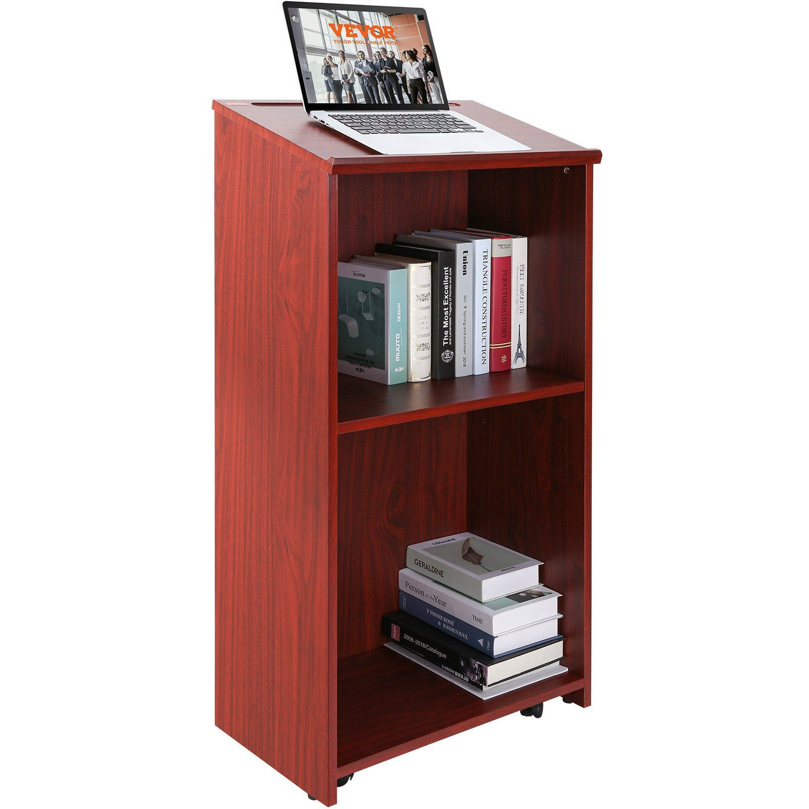 Vevor Podium Stand  47 Inch Hostess Stand With 4 Rolling Wheels  Wood Podium With Storage Shelves And Slant Desktop  Lecterns & Podiums For Home  Office  School  Church  Brown