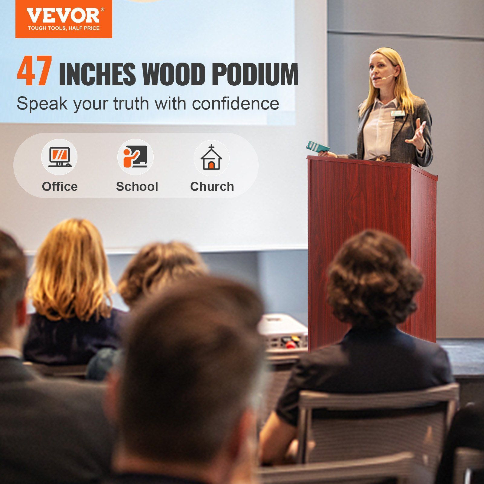 Vevor Podium Stand  47 Inch Hostess Stand With 4 Rolling Wheels  Wood Podium With Storage Shelves And Slant Desktop  Lecterns & Podiums For Home  Office  School  Church  Brown