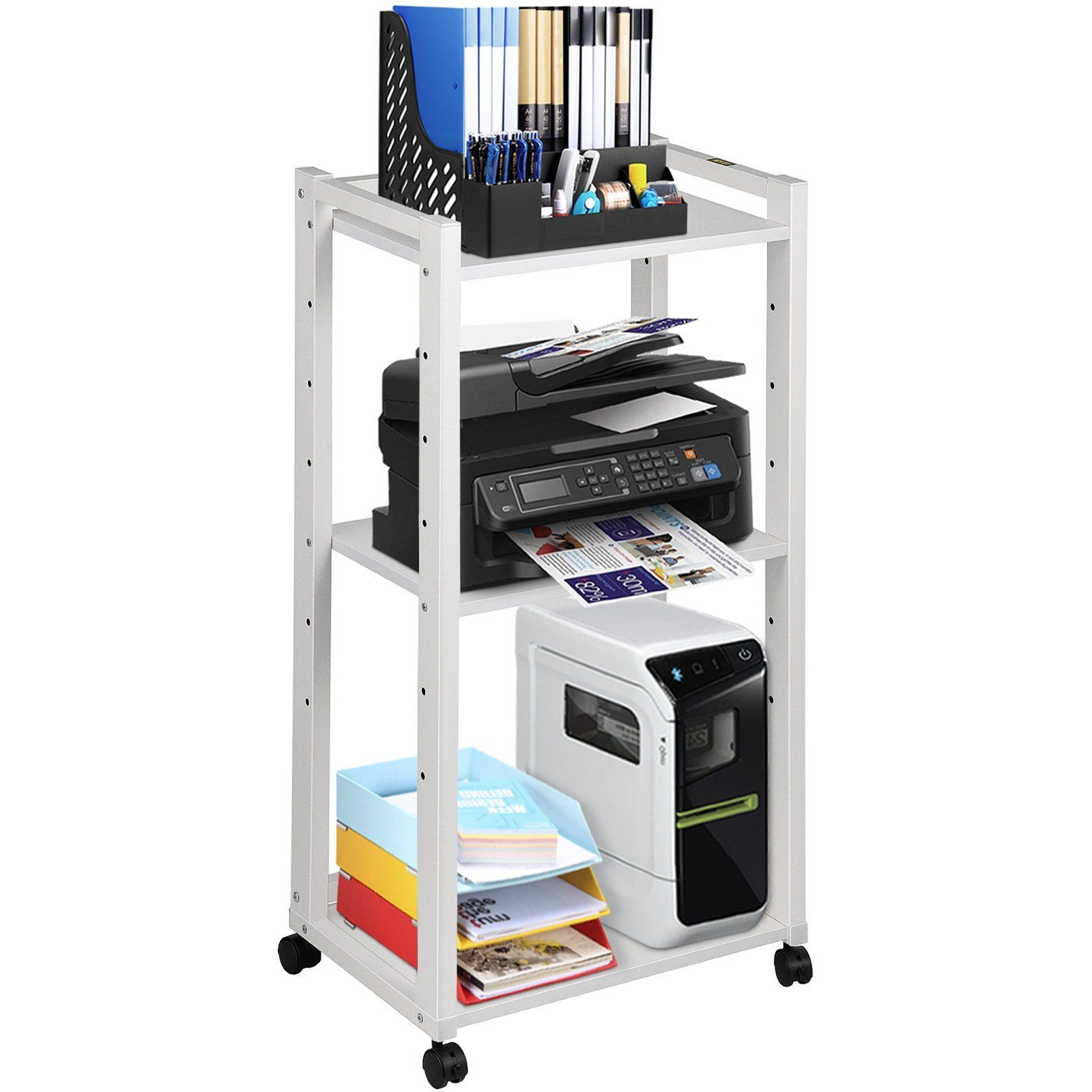 Vevor Printer Stand  3-Tier Rolling Printer Cart  Adjustable Storage Shelf Rack On Lockable Wheels  19.69X 13.78X 42 Inch Printer Table For Home Office Small Spaces Organization  White