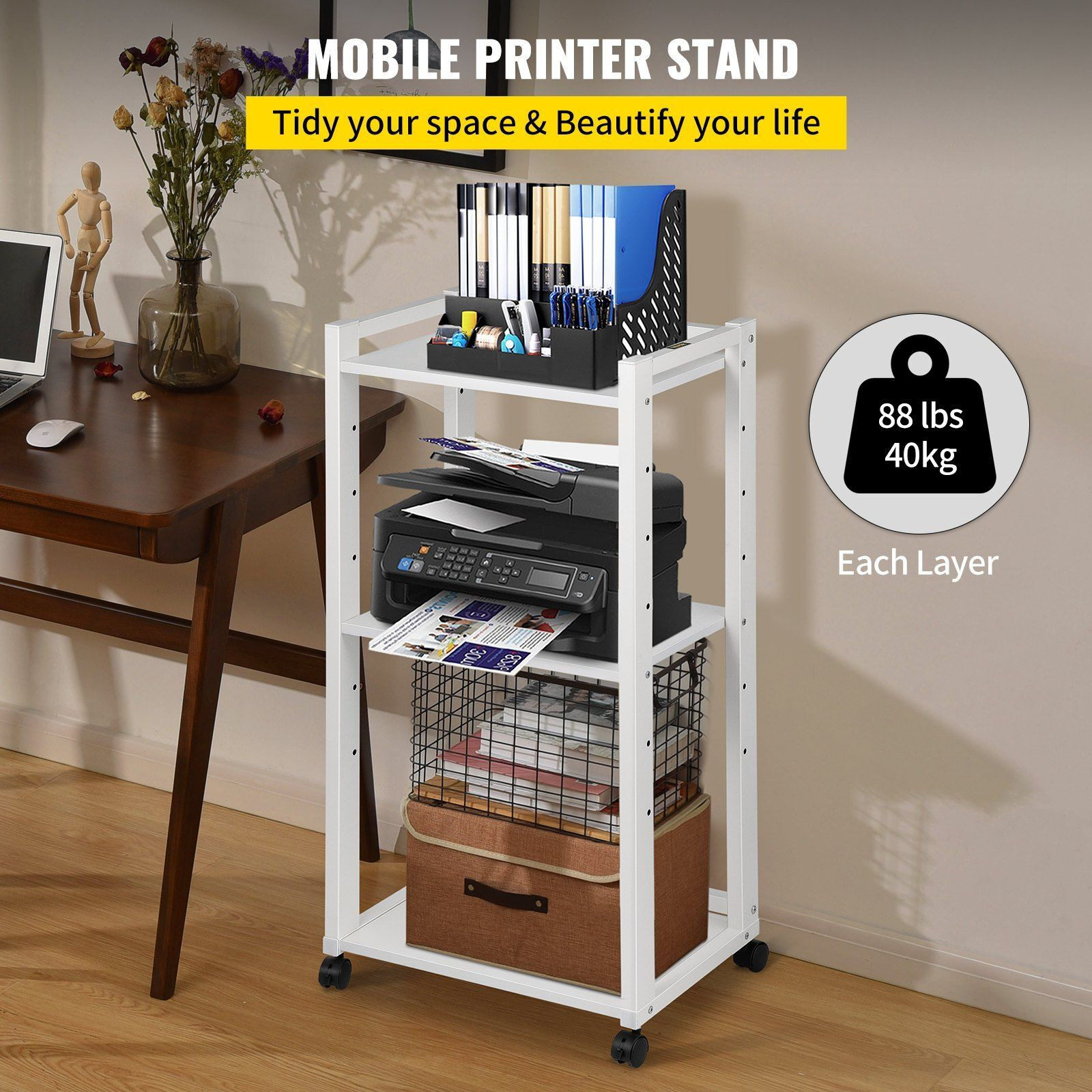 Vevor Printer Stand  3-Tier Rolling Printer Cart  Adjustable Storage Shelf Rack On Lockable Wheels  19.69X 13.78X 42 Inch Printer Table For Home Office Small Spaces Organization  White