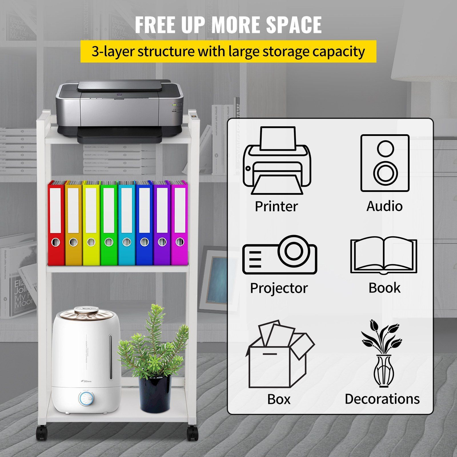 Vevor Printer Stand  3-Tier Rolling Printer Cart  Adjustable Storage Shelf Rack On Lockable Wheels  19.69X 13.78X 42 Inch Printer Table For Home Office Small Spaces Organization  White