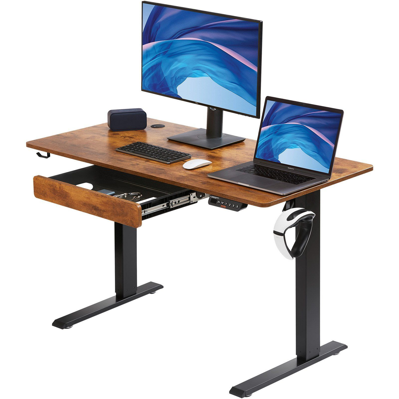Vevor Height Adjustable Desk  47.2 X 23.6 In With Drawer  3-Key Modes Electric Standing Desk Whole Piece Desk Board  Dual Metal Frame  180 Lbs Capacity Computer Sit Stand Up Desk  For Home And Office
