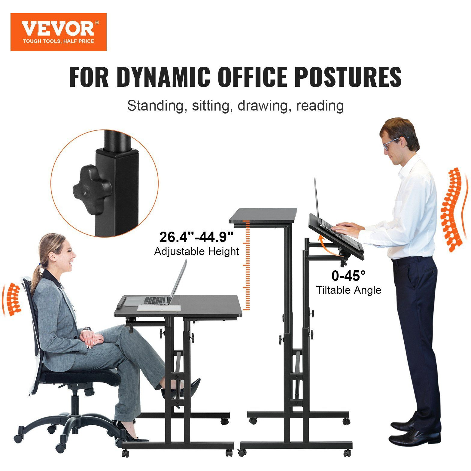 Vevor Mobile Standing Desk  26.4""-44.9"" Gas-Spring Height Adjustable Sit-Stand Desk  Home Office Rolling Laptop Table 360 Swivel Wheels (4 Lockable)  0-45 Tillable Desktop  2 Hooks  40Lbs Loading