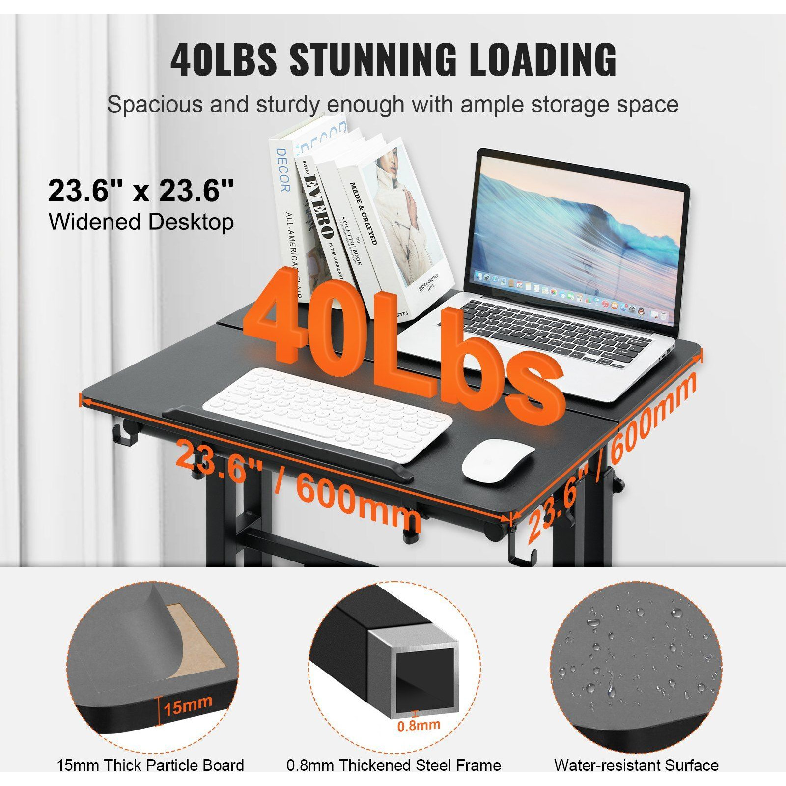 Vevor Mobile Standing Desk  26.4""-44.9"" Gas-Spring Height Adjustable Sit-Stand Desk  Home Office Rolling Laptop Table 360 Swivel Wheels (4 Lockable)  0-45 Tillable Desktop  2 Hooks  40Lbs Loading