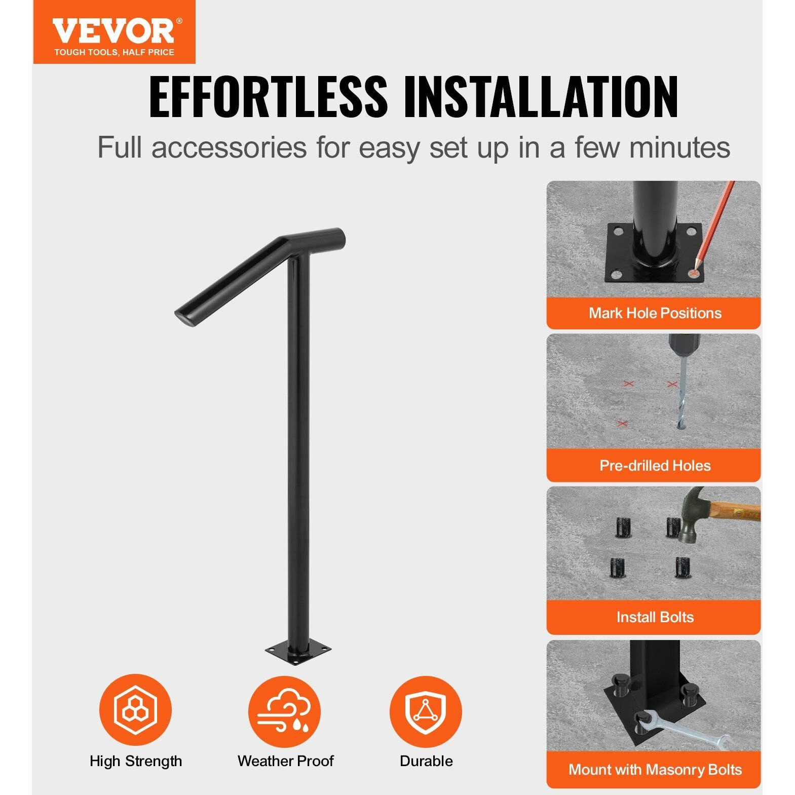 Vevor Single Post 1-2  Black Steel Railing 441Lbs Capacity Baking Varnish Iron Stairs Stylish Handrails For Outdoor Steps With Expansion Bolts & Drill Bit