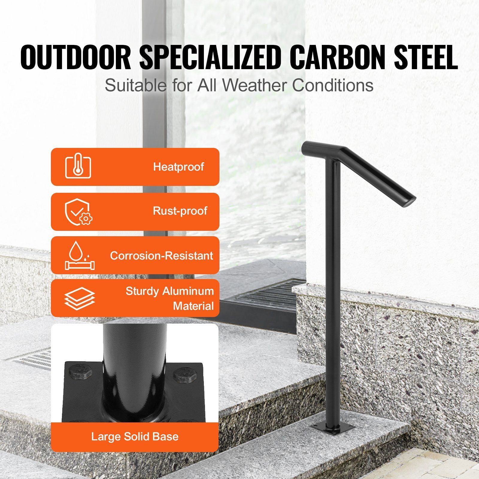 Vevor Single Post 1-2  Black Steel Railing 441Lbs Capacity Baking Varnish Iron Stairs Stylish Handrails For Outdoor Steps With Expansion Bolts & Drill Bit