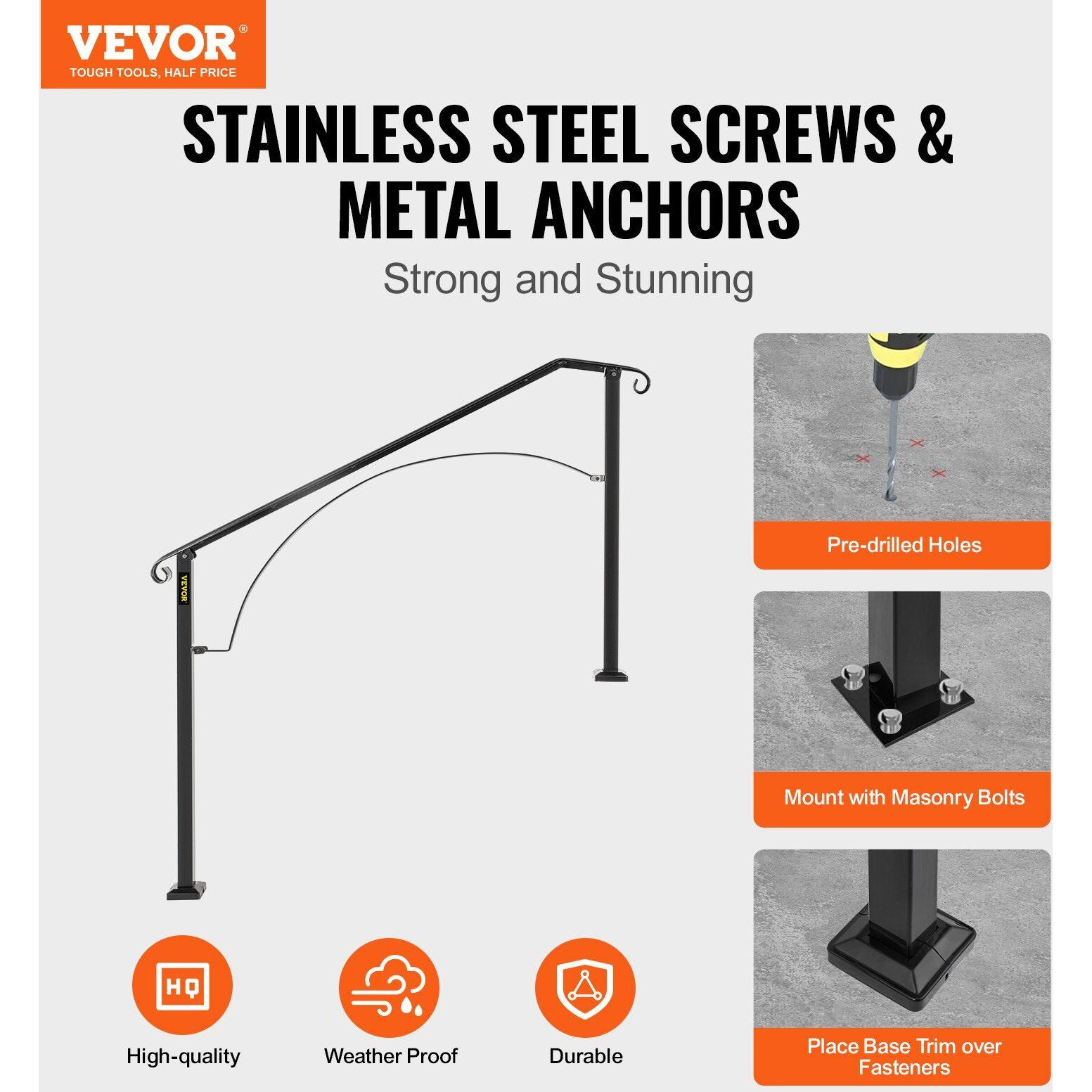 Vevor Handrails For Outdoor Steps  Fit 3 Or 4 Steps Outdoor Stair Railing  Arch3 Wrought Iron Handrail  Flexible Porch Railing  Black Transitional Handrails For Concrete Steps Or Wooden Stairs
