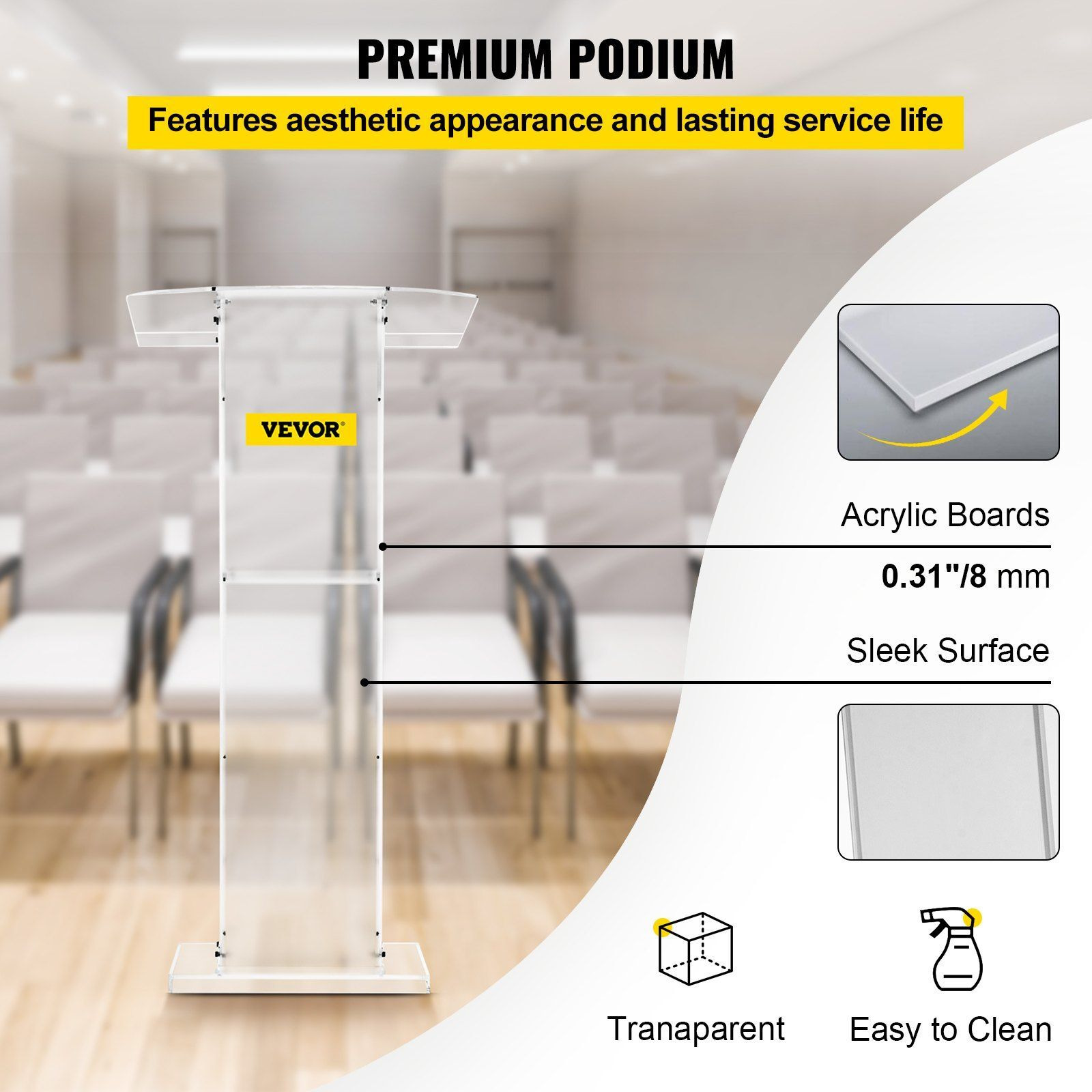 Vevor Acrylic Podium 45"" Tall Plexiglass Podium 26.8"&quotX15"" Table Acrylic Pulpits For Churches With 8 Mm Thick Acrylic Board Acrylic Podiums And Lecterns Design For Lecture Recital Speech & Presentation