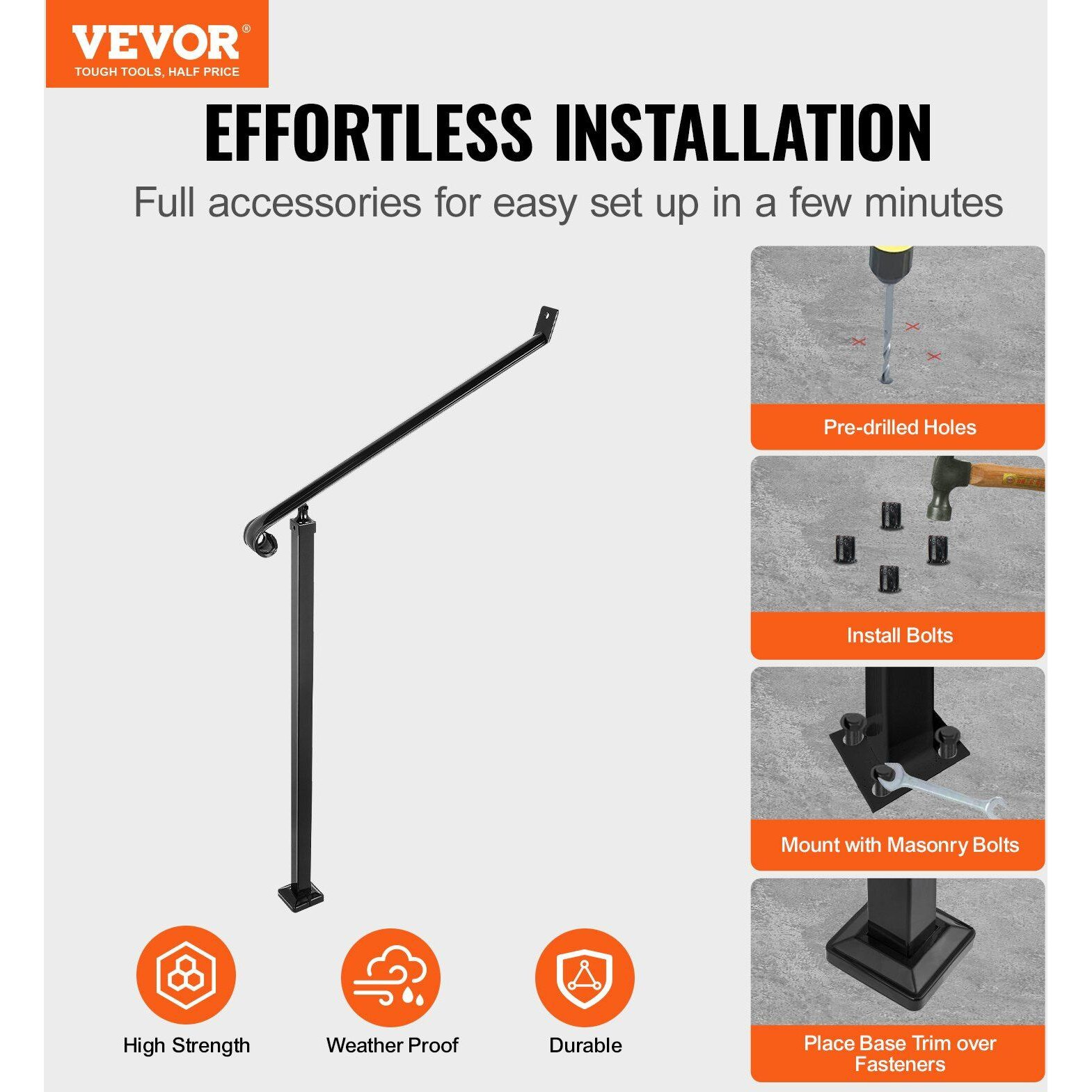 Vevor Handrails For Outdoor Steps 2-3 Step Railings Wrought Iron Handrail Stair Railings For Steps Black Iron Railings For Steps Wall And Floor Mounted With Installation Kit