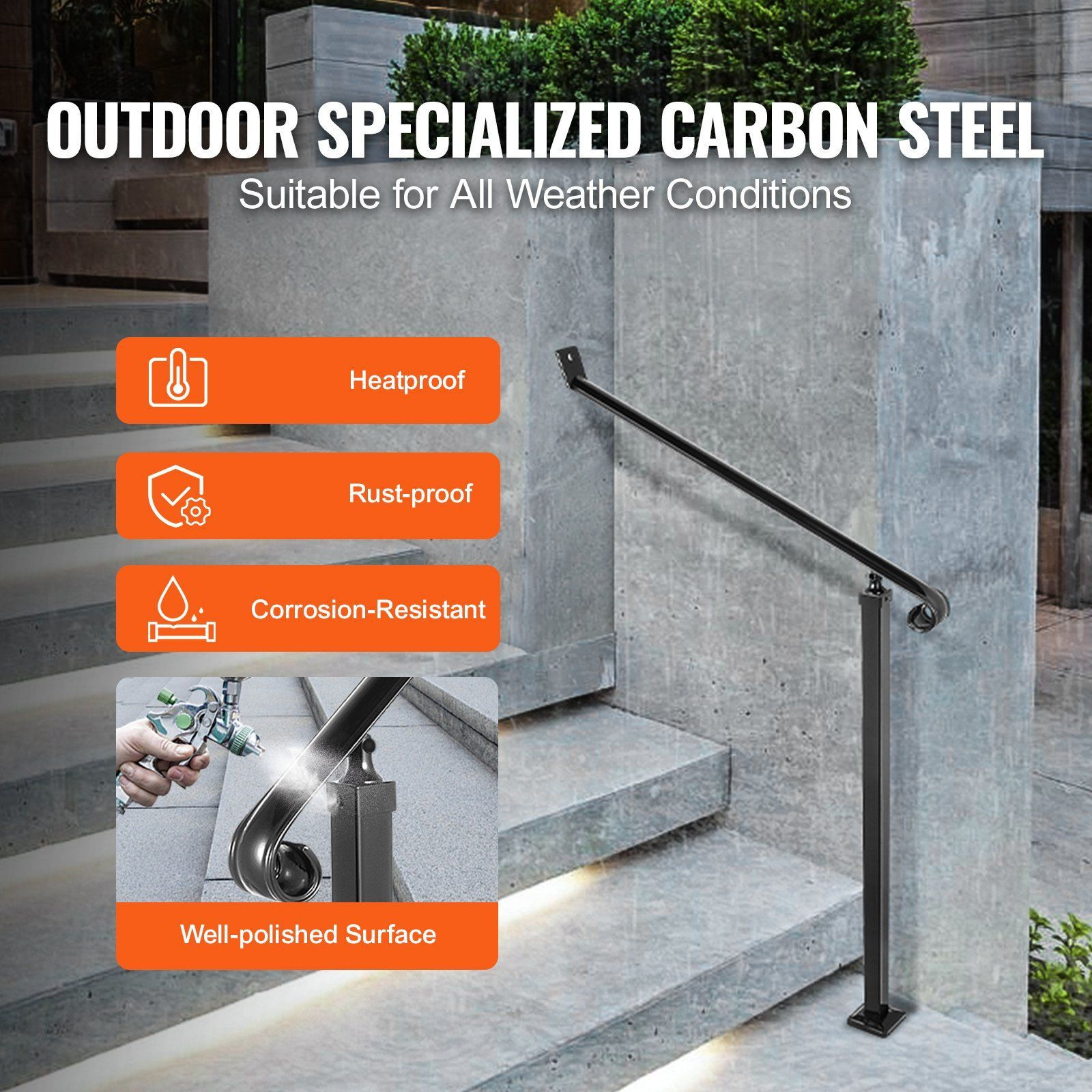 Vevor Handrails For Outdoor Steps 2-3 Step Railings Wrought Iron Handrail Stair Railings For Steps Black Iron Railings For Steps Wall And Floor Mounted With Installation Kit