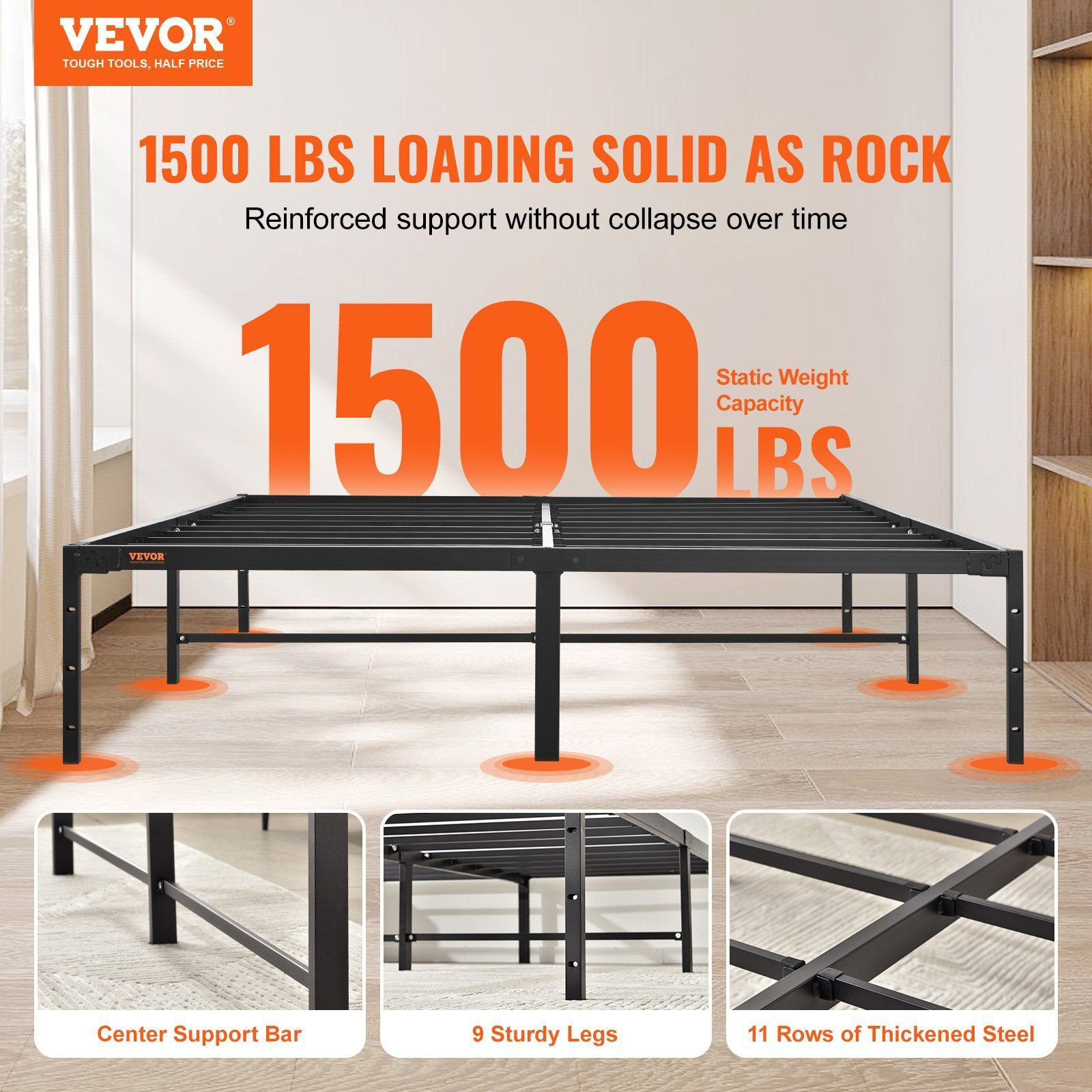Vevor 14 Inch Queen Metal Bed Frame Platform  No Box Spring Needed  1500 Lbs Loading Capacity Embedded Heavy Duty Mattress Foundation With Steel Slat Support  Easy Assembly  Noise Free