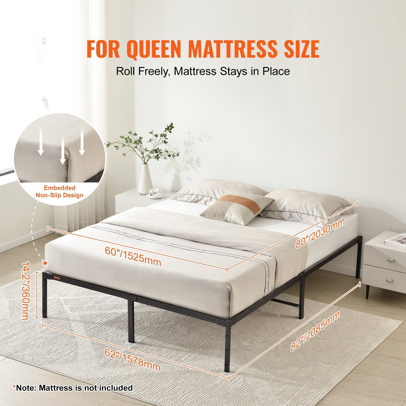 Vevor 14 Inch Queen Metal Bed Frame Platform  No Box Spring Needed  1500 Lbs Loading Capacity Embedded Heavy Duty Mattress Foundation With Steel Slat Support  Easy Assembly  Noise Free