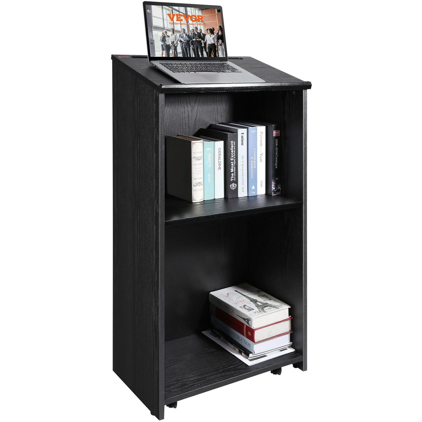 Vevor Podium Stand  47 In Hostess Stand With 4 Rolling Wheels  Wood Podium With Storage Shelves  And Slant Desktop  Lecterns & Podiums For Church  Office  School  Home  Black