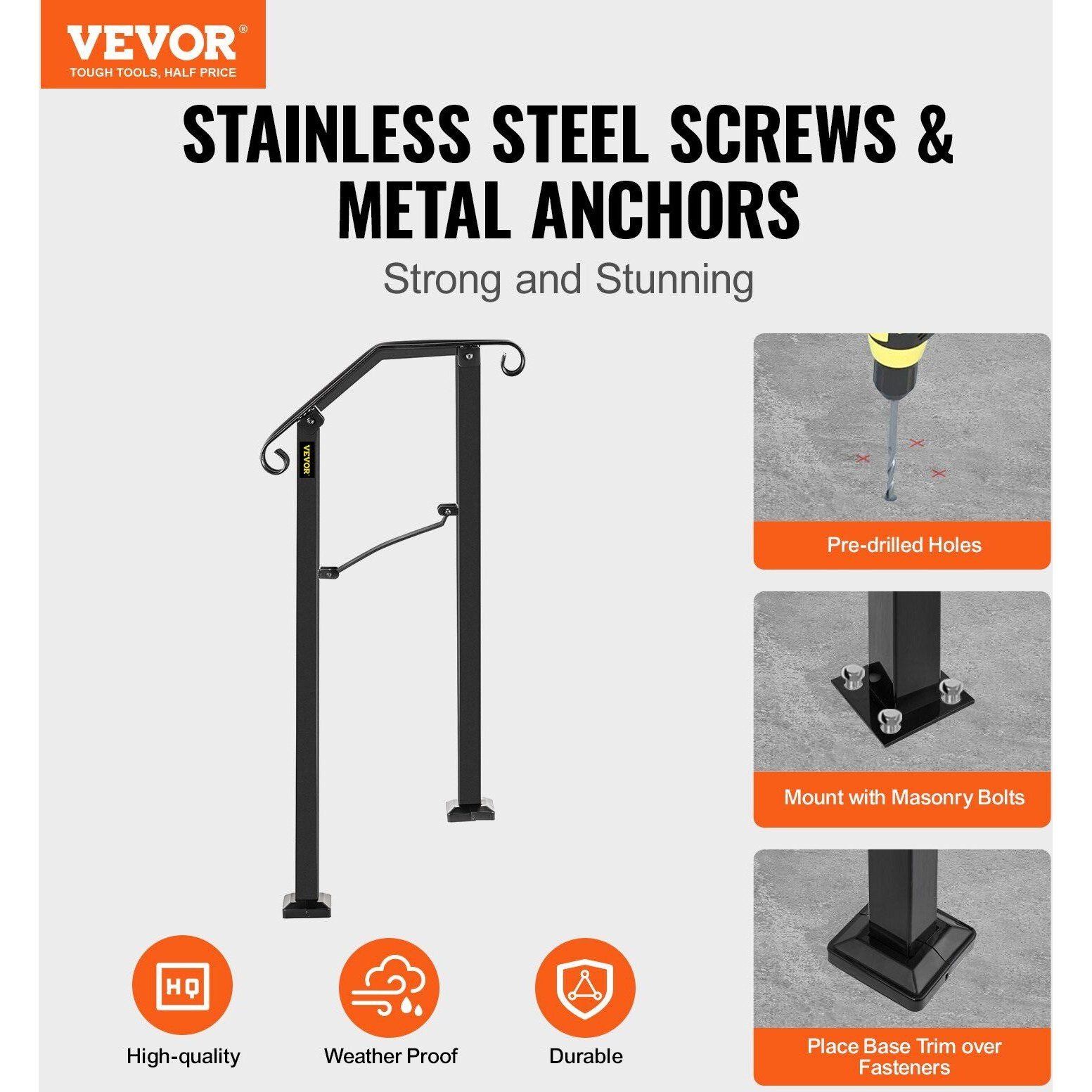 Vevor Handrails For Outdoor Steps  Fit 1 Or 2 Steps Outdoor Stair Railing  Arch1 Wrought Iron Handrail  Flexible Porch Railing  Black Transitional Handrails For Concrete Steps Or Wooden Stairs