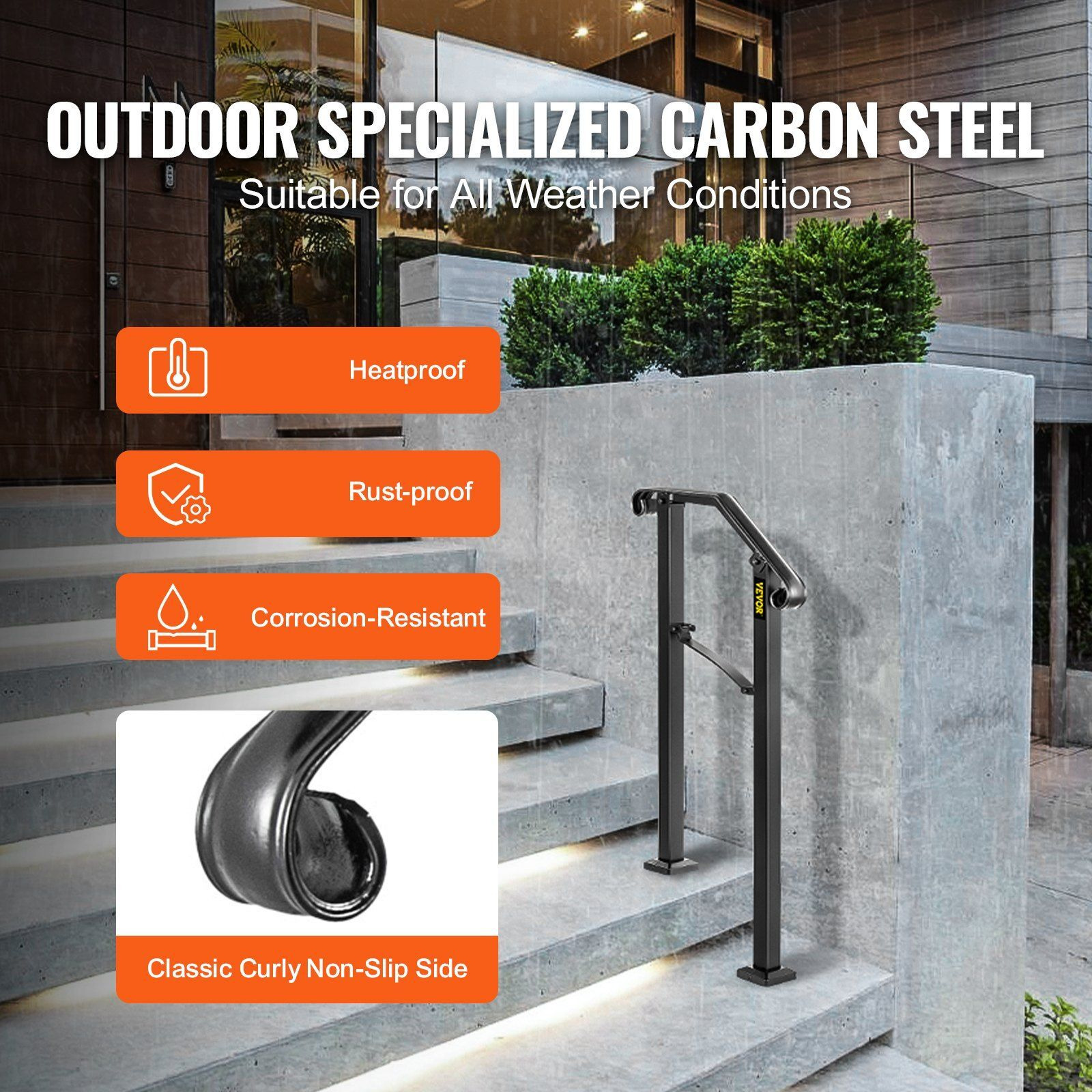 Vevor Handrails For Outdoor Steps  Fit 1 Or 2 Steps Outdoor Stair Railing  Arch1 Wrought Iron Handrail  Flexible Porch Railing  Black Transitional Handrails For Concrete Steps Or Wooden Stairs