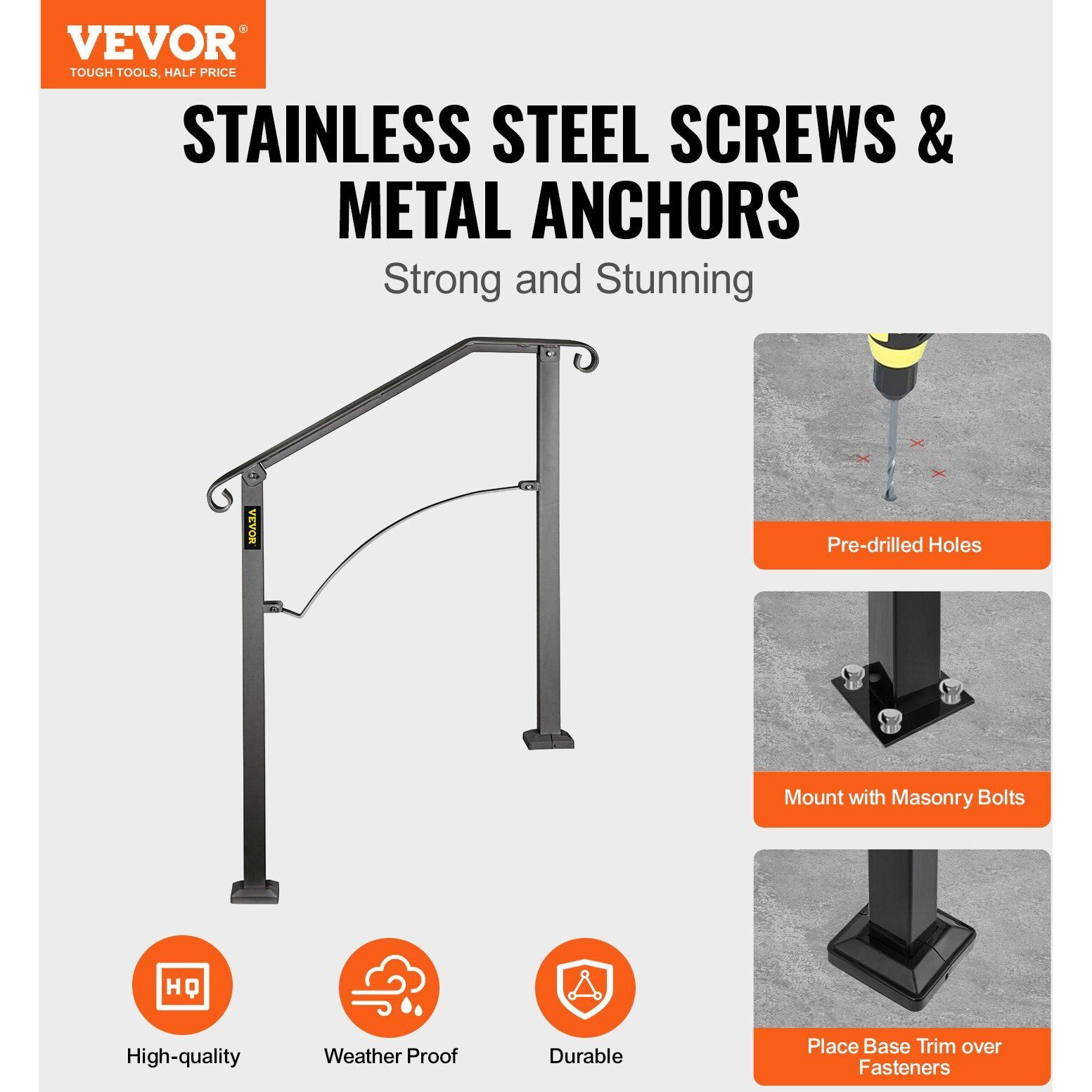 Vevor Handrails For Outdoor Steps  Fit 2 Or 3 Steps Outdoor Stair Railing  Arch2 Wrought Iron Handrail  Flexible Porch Railing  Black Transitional Handrails For Concrete Steps Or Wooden Stairs