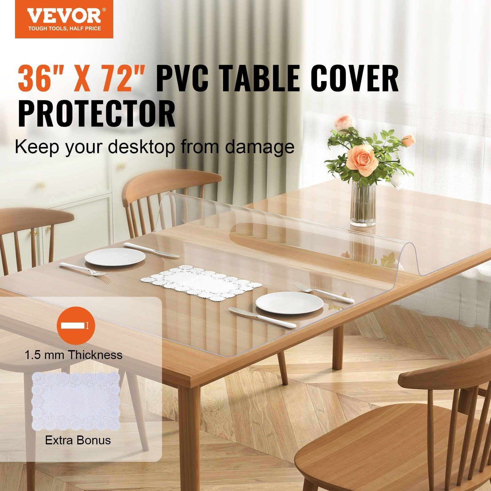 Vevor Clear Table Cover Protector  36"" X 72"" Table Cover  1.5 Mm Thick Pvc Plastic Tablecloth  Waterproof Desktop Protector For Writing Desk  Coffee Table  Dining Room Table