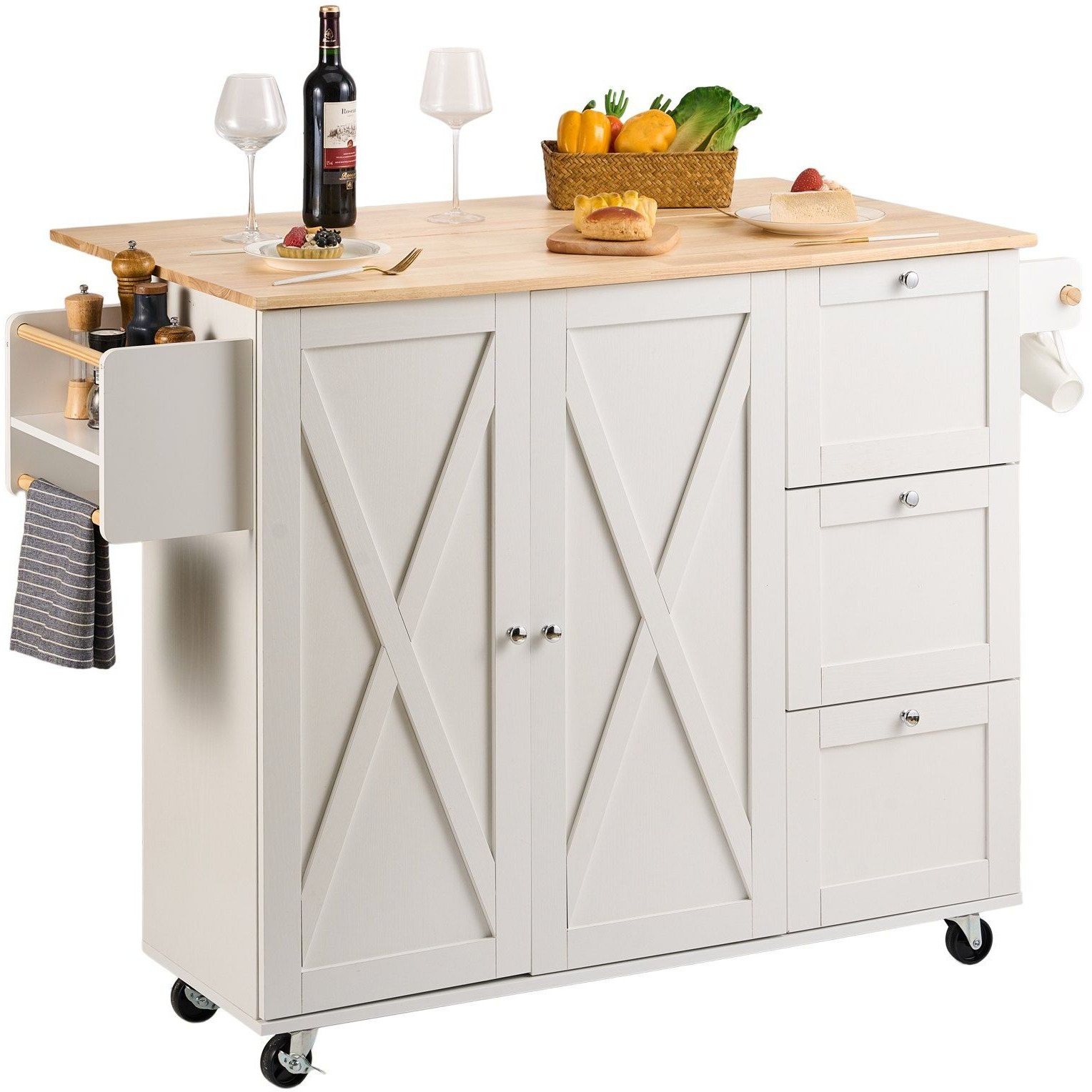 Vevor Kitchen Island Cart With Solid Wood Top  45.3"" Width Mobile Carts With Storage Cabinet  Rolling Kitchen Table With Spice Rack  Towel Rack  Drop Leaf And Drawer  Portable Islands On Wheels  White