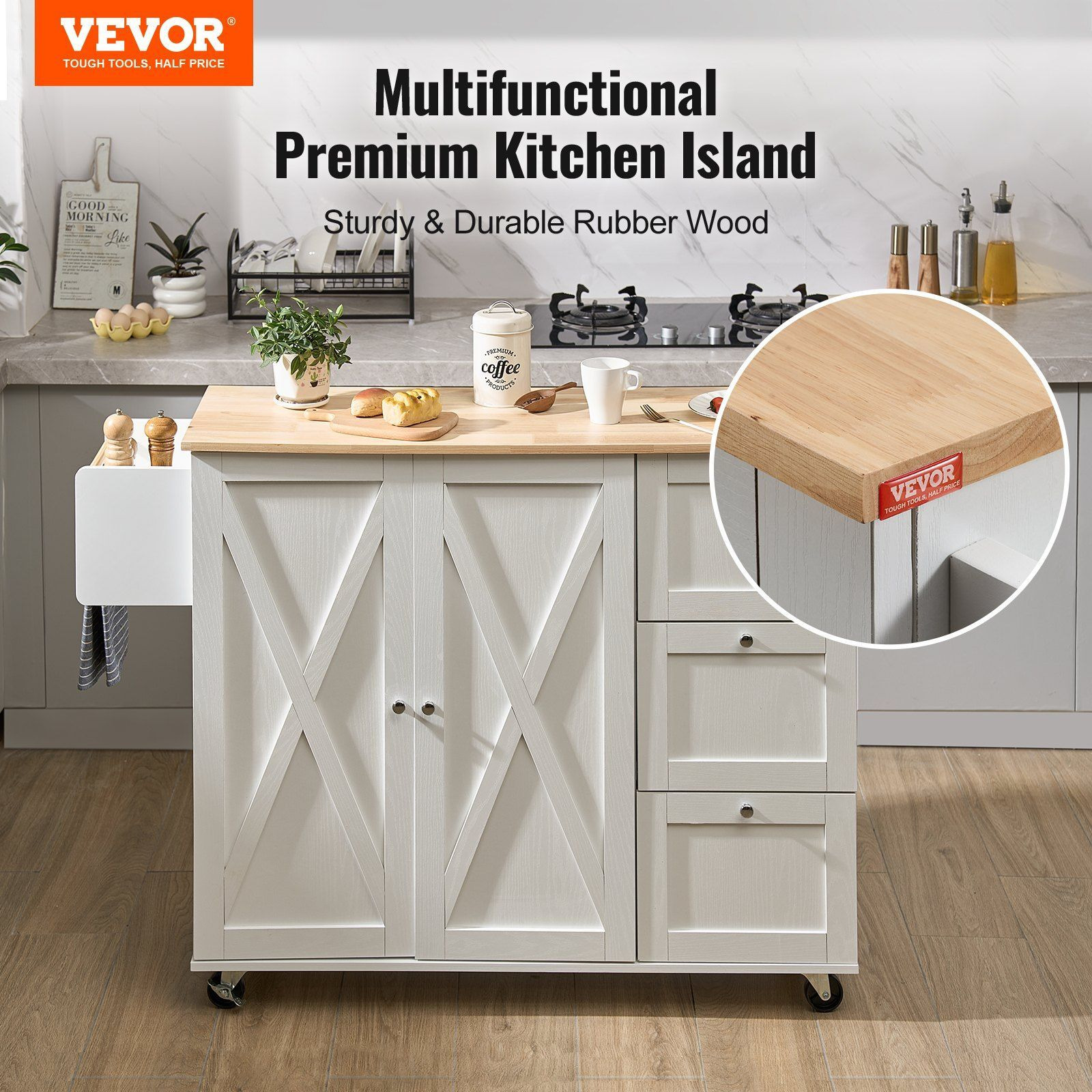Vevor Kitchen Island Cart With Solid Wood Top  45.3"" Width Mobile Carts With Storage Cabinet  Rolling Kitchen Table With Spice Rack  Towel Rack  Drop Leaf And Drawer  Portable Islands On Wheels  White