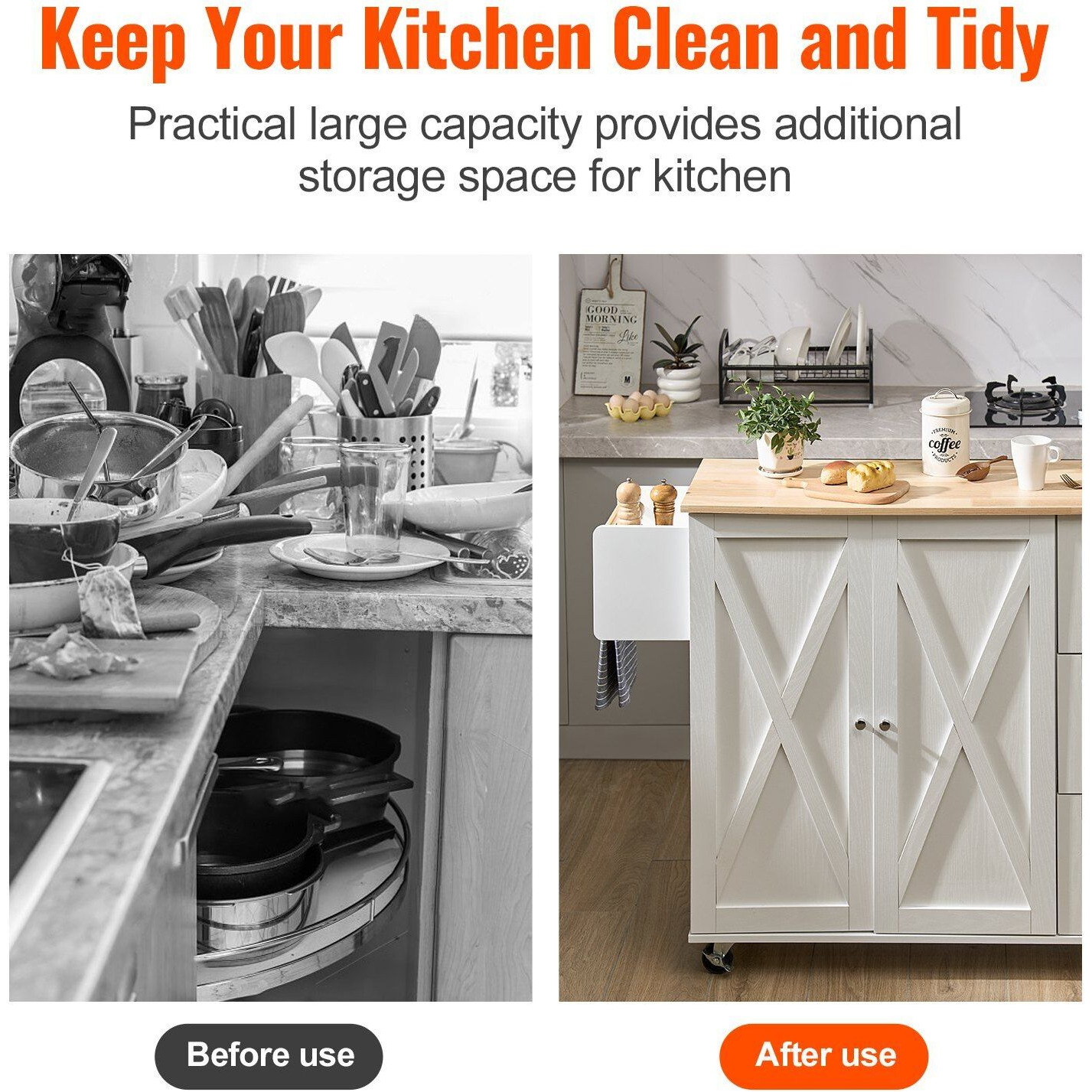 Vevor Kitchen Island Cart With Solid Wood Top  45.3"" Width Mobile Carts With Storage Cabinet  Rolling Kitchen Table With Spice Rack  Towel Rack  Drop Leaf And Drawer  Portable Islands On Wheels  White