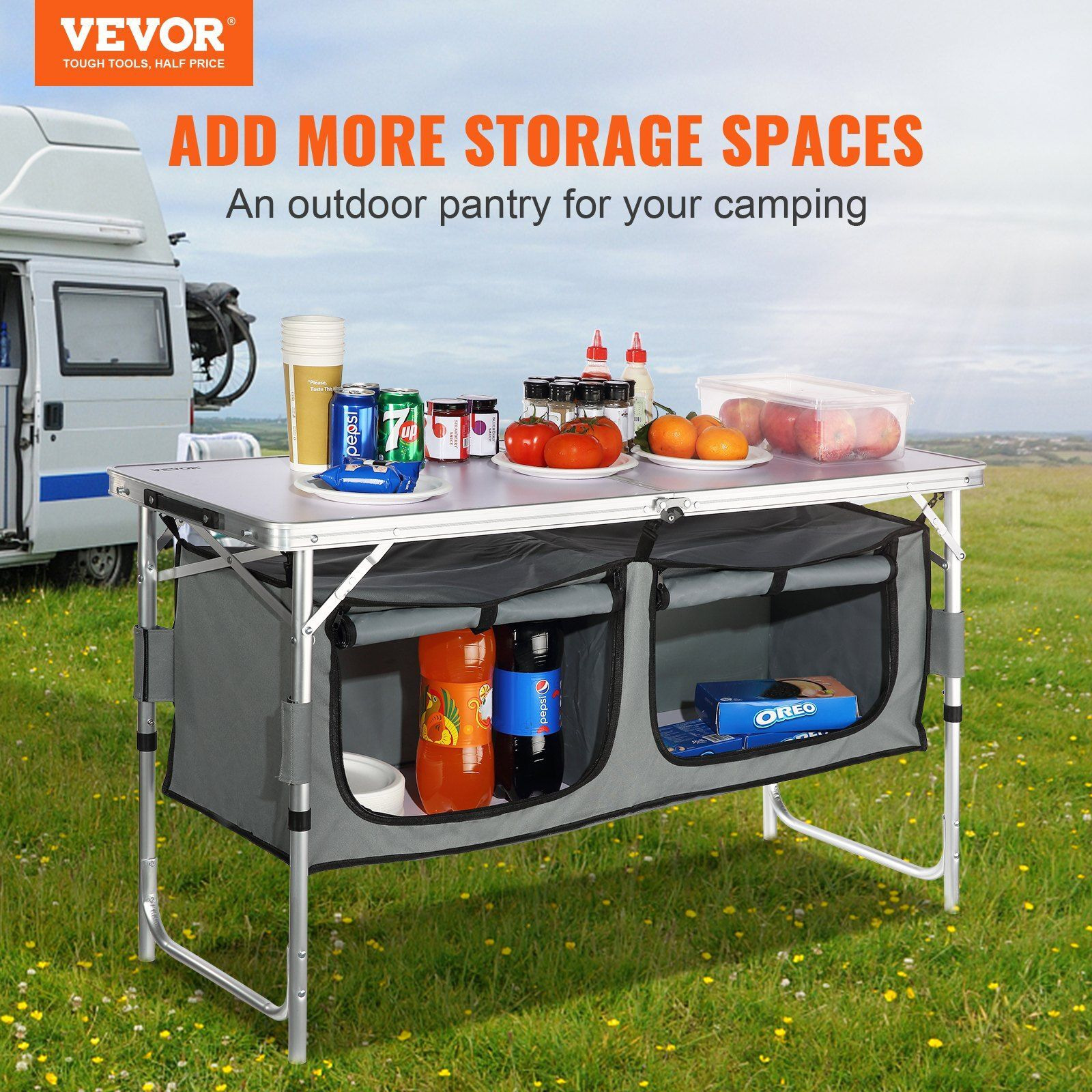 Vevor Camping Kitchen Table  Quick Set-Up Folding Camping Table  3 Adjustable Heights  Mdf Camping Table  Ideal For Outdoor Picnics  Bbqs  Camping  Rv Traveling