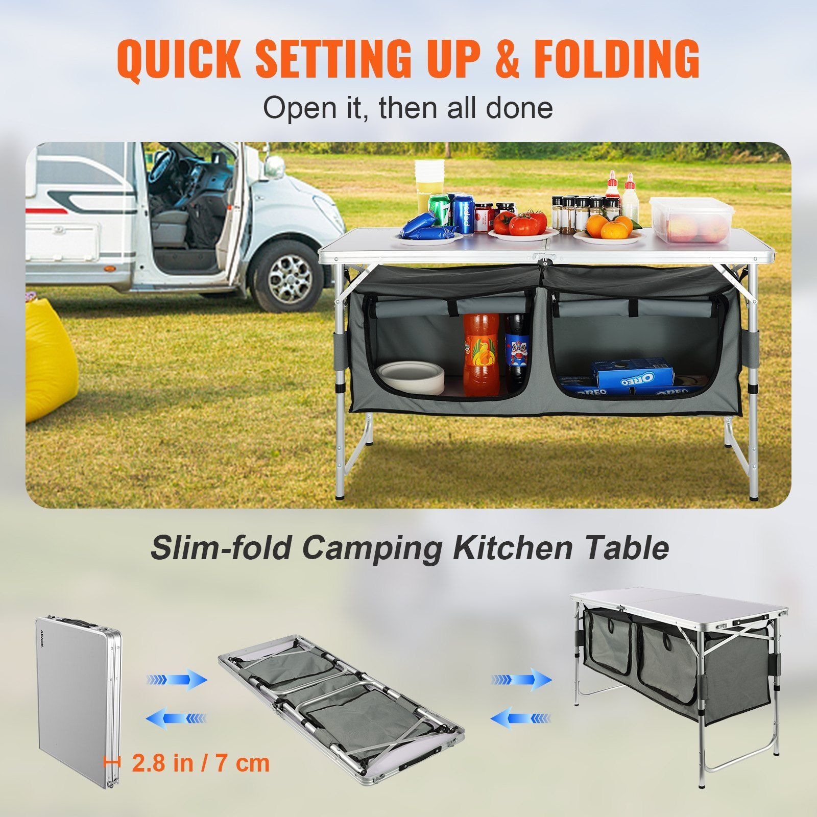 Vevor Camping Kitchen Table  Quick Set-Up Folding Camping Table  3 Adjustable Heights  Mdf Camping Table  Ideal For Outdoor Picnics  Bbqs  Camping  Rv Traveling