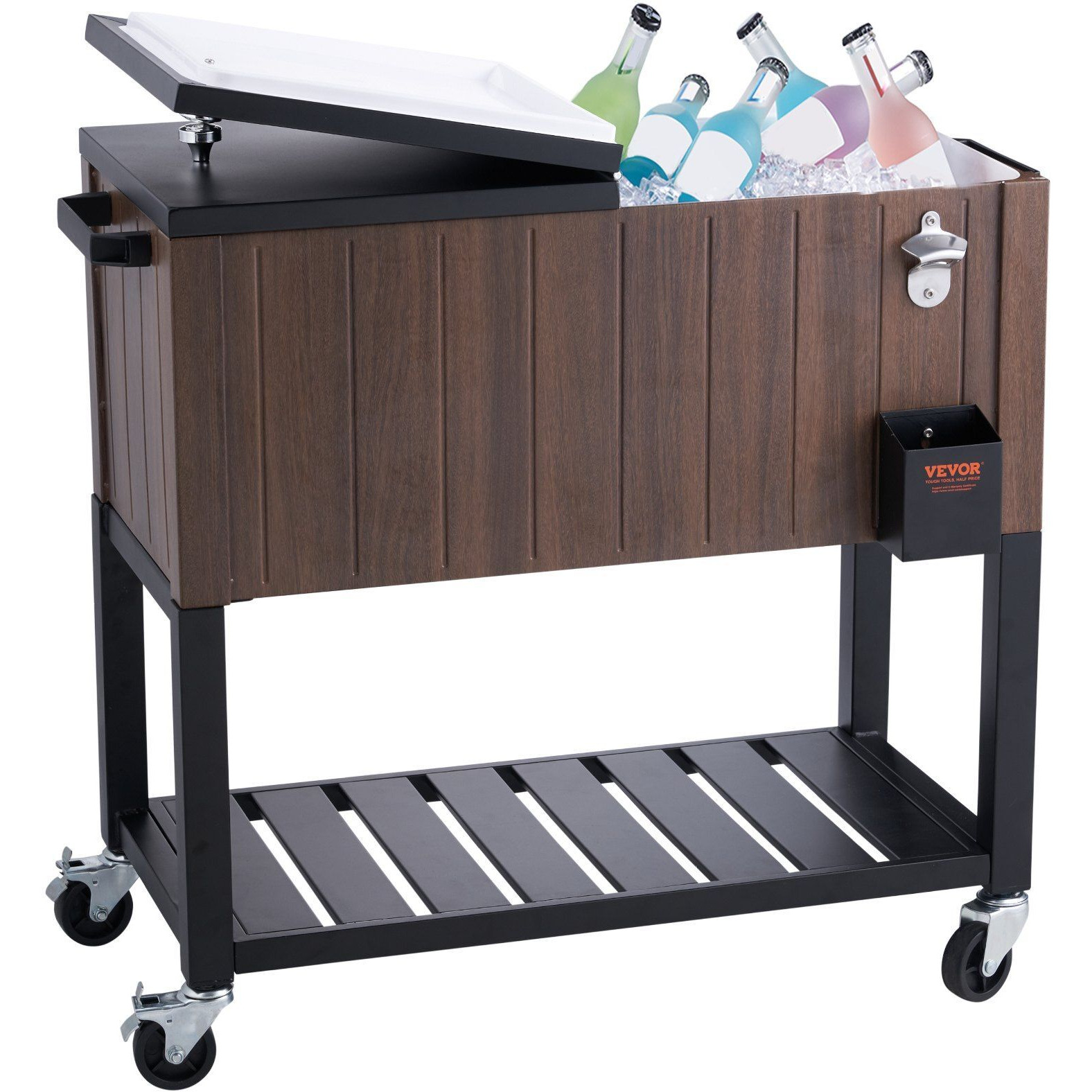 Vevor Rolling Ice Chest Cooler Cart 80 Quart  Portable Bar Drink Cooler  Beverage Bar Stand Up Cooler With Wheels  Bottle Opener  Handles For Patio Backyard Party Pool  Wooden Teak Accent  Brown