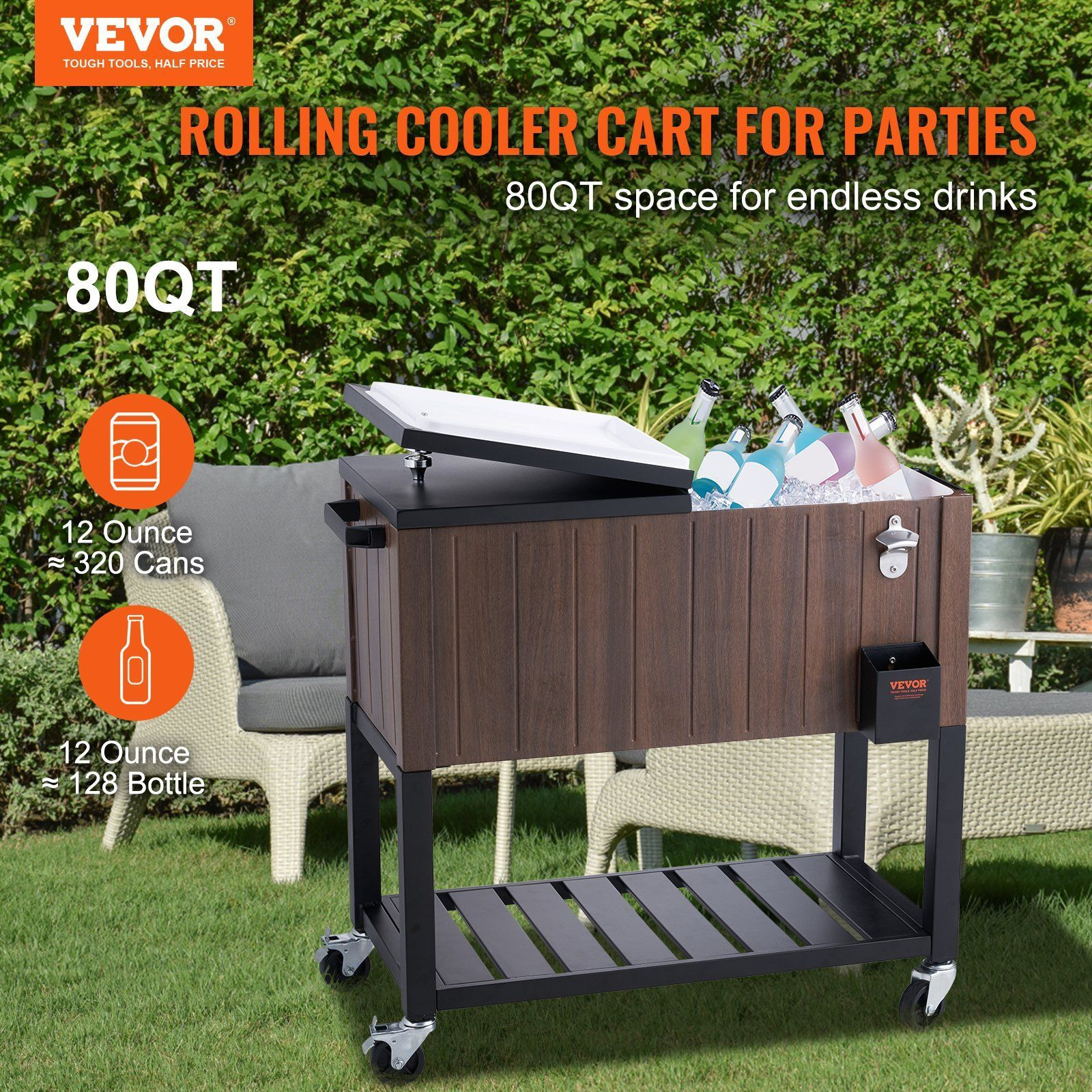 Vevor Rolling Ice Chest Cooler Cart 80 Quart  Portable Bar Drink Cooler  Beverage Bar Stand Up Cooler With Wheels  Bottle Opener  Handles For Patio Backyard Party Pool  Wooden Teak Accent  Brown