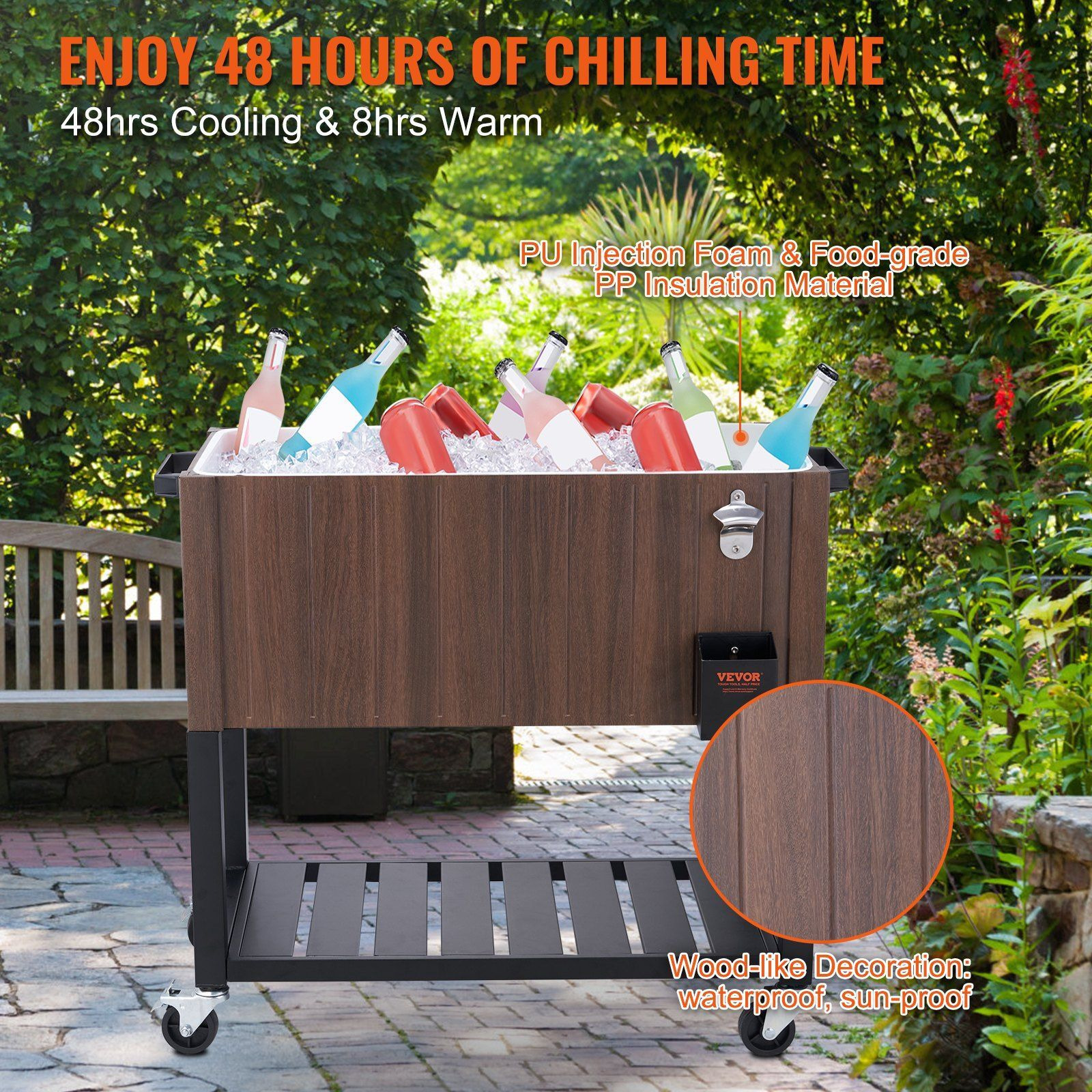 Vevor Rolling Ice Chest Cooler Cart 80 Quart  Portable Bar Drink Cooler  Beverage Bar Stand Up Cooler With Wheels  Bottle Opener  Handles For Patio Backyard Party Pool  Wooden Teak Accent  Brown