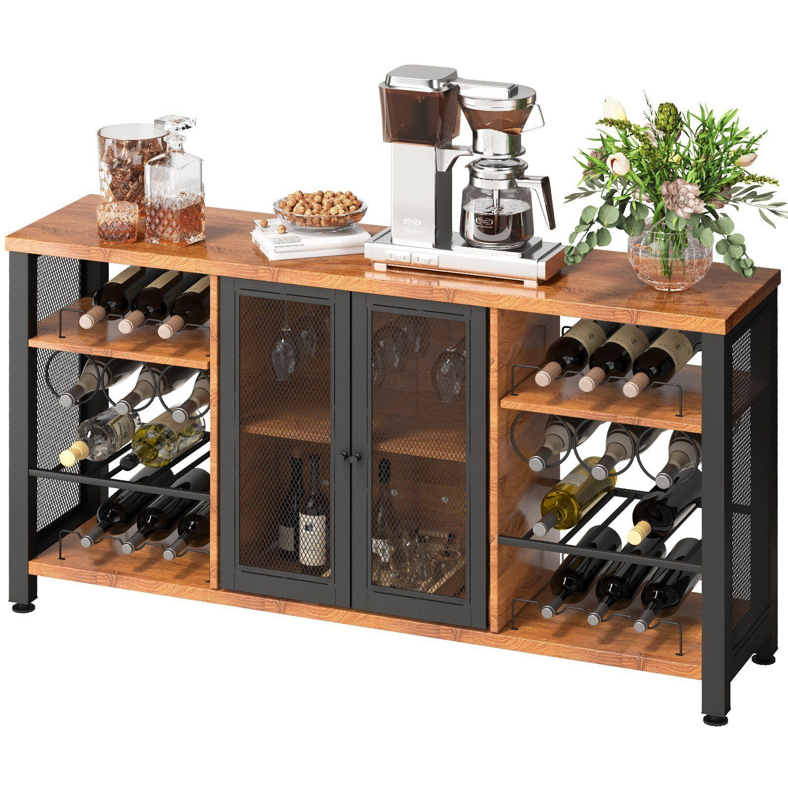 Vevor Industrial Bar Cabinet  Wine Table For Liquor With Glass Holder  Wine Rack And Metal Sideboard  Farmhouse Wood Coffee Bar For Living Room  Dining Room (55 Inch  Rustic Oak)