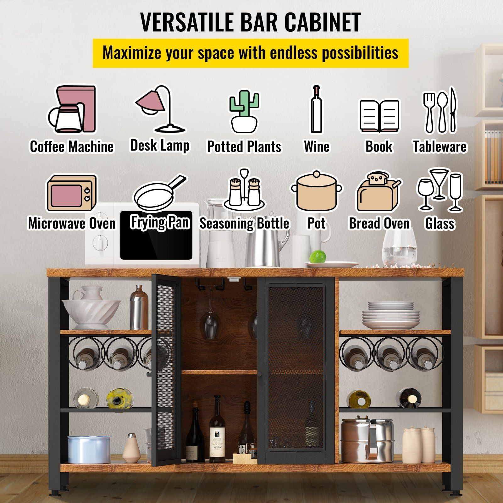 Vevor Industrial Bar Cabinet  Wine Table For Liquor With Glass Holder  Wine Rack And Metal Sideboard  Farmhouse Wood Coffee Bar For Living Room  Dining Room (55 Inch  Rustic Oak)