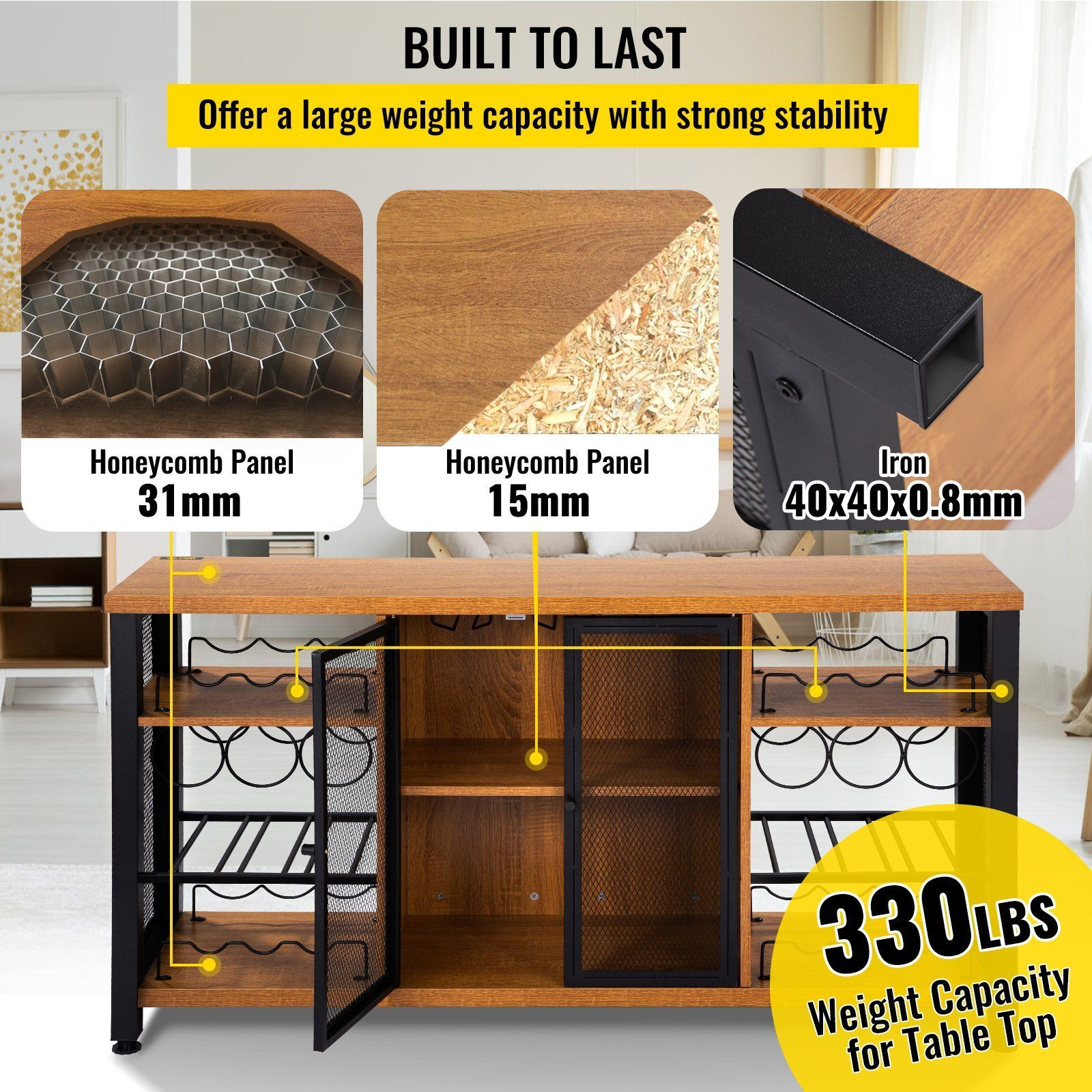 Vevor Industrial Bar Cabinet  Wine Table For Liquor With Glass Holder  Wine Rack And Metal Sideboard  Farmhouse Wood Coffee Bar For Living Room  Dining Room (55 Inch  Rustic Oak)