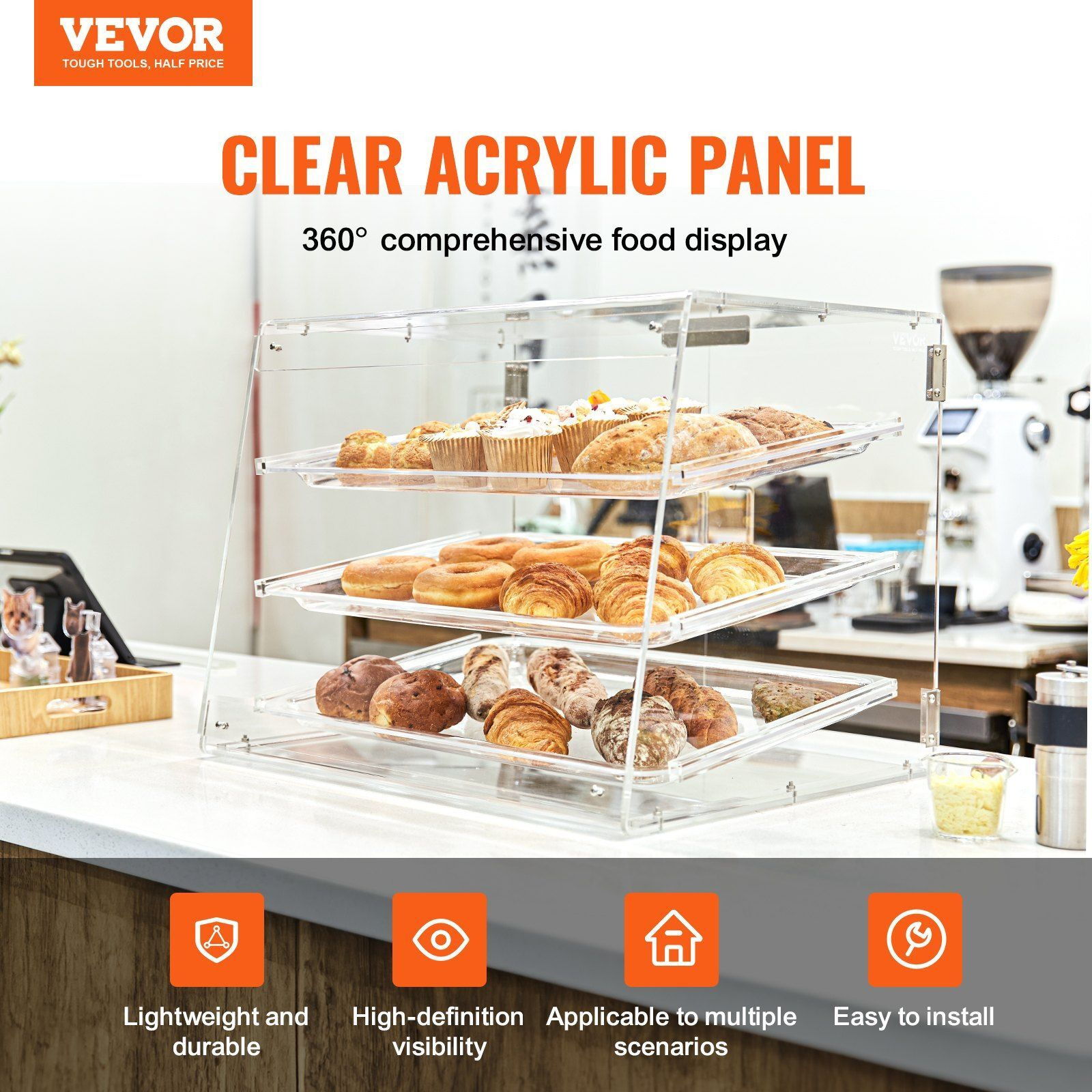 Vevor Pastry Display Case  3-Tier Commercial Countertop Bakery Display Case  Acrylic Display Box With Rear Door Access & Removable Shelves  Keep Fresh For Donut Bagels Cake Cookie  20.7"&quotX14.2"&quotX16.3""