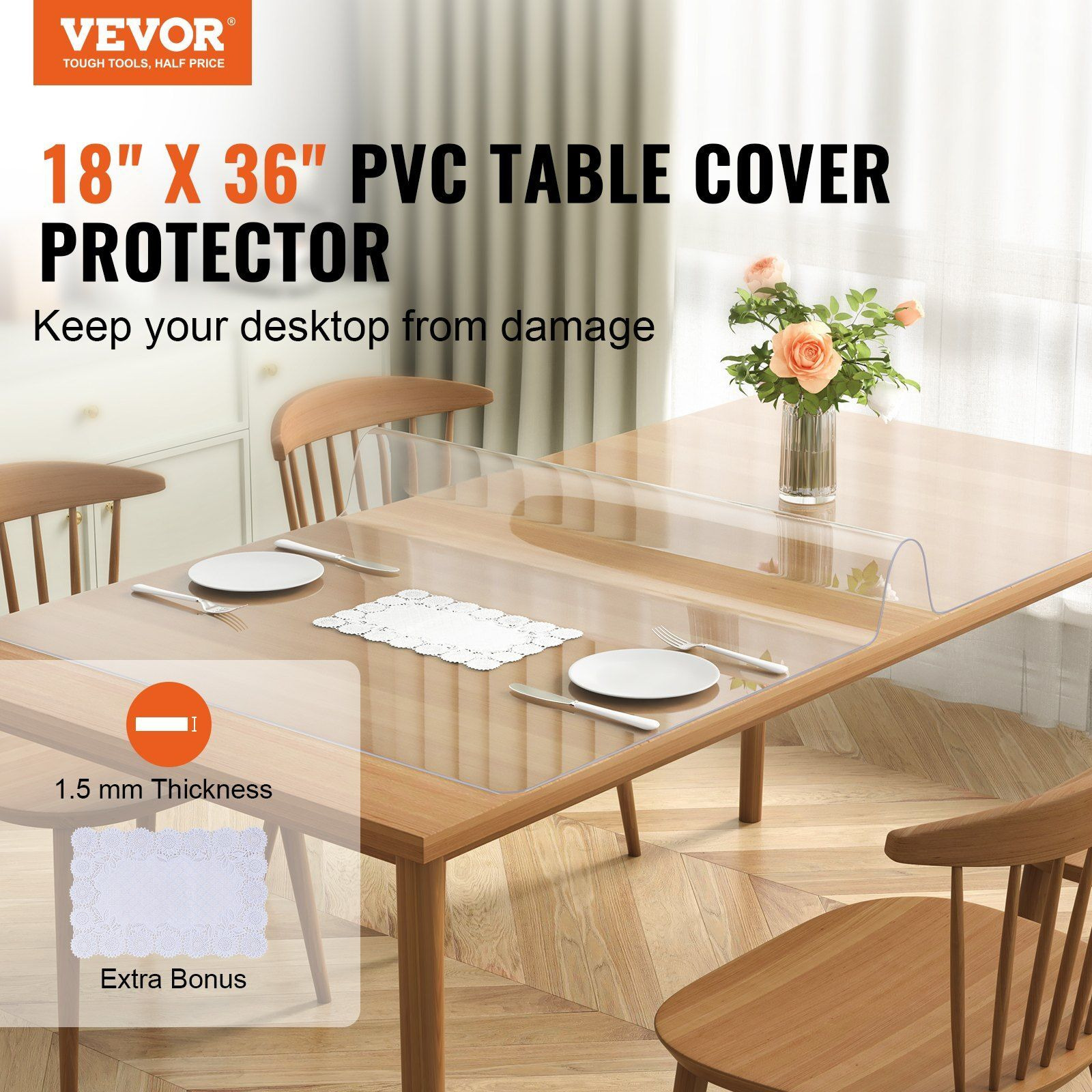 Vevor Clear Table Cover Protector  18"" X 36""/457 X 925.4 Mm Table Cover  1.5 Mm Thick Pvc Plastic Tablecloth  Waterproof Desktop Protector For Writing Desk  Coffee Table  Dining Room Table