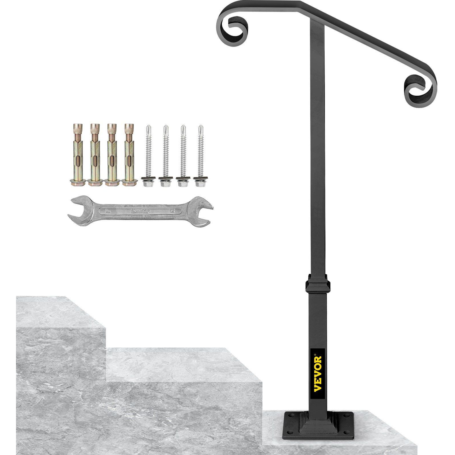 Vevor Handrails For Outdoor Steps  Fit 1 Or 2 Steps Outdoor Stair Railing  Single Post Wrought Iron Handrail  Gray Transitional Porch Railings For Concrete Steps Or Wooden Stairs With Base